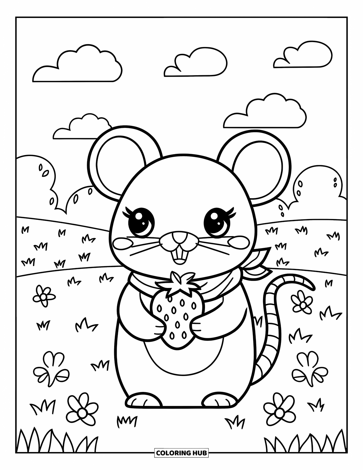 Rat Coloring Page for Kids: Rat in a scarf holds a strawberry in a peaceful field with clouds above