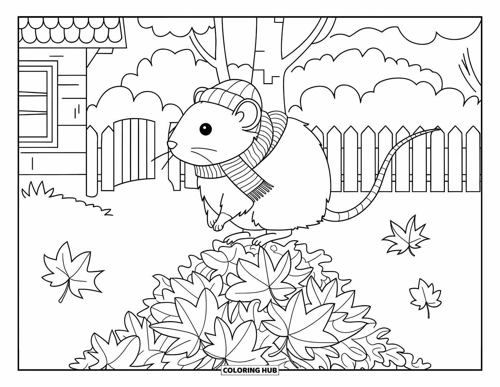 Rat Coloring Page for Kids: Rat in a scarf strolls through autumn leaves near a cottage and wooden fence