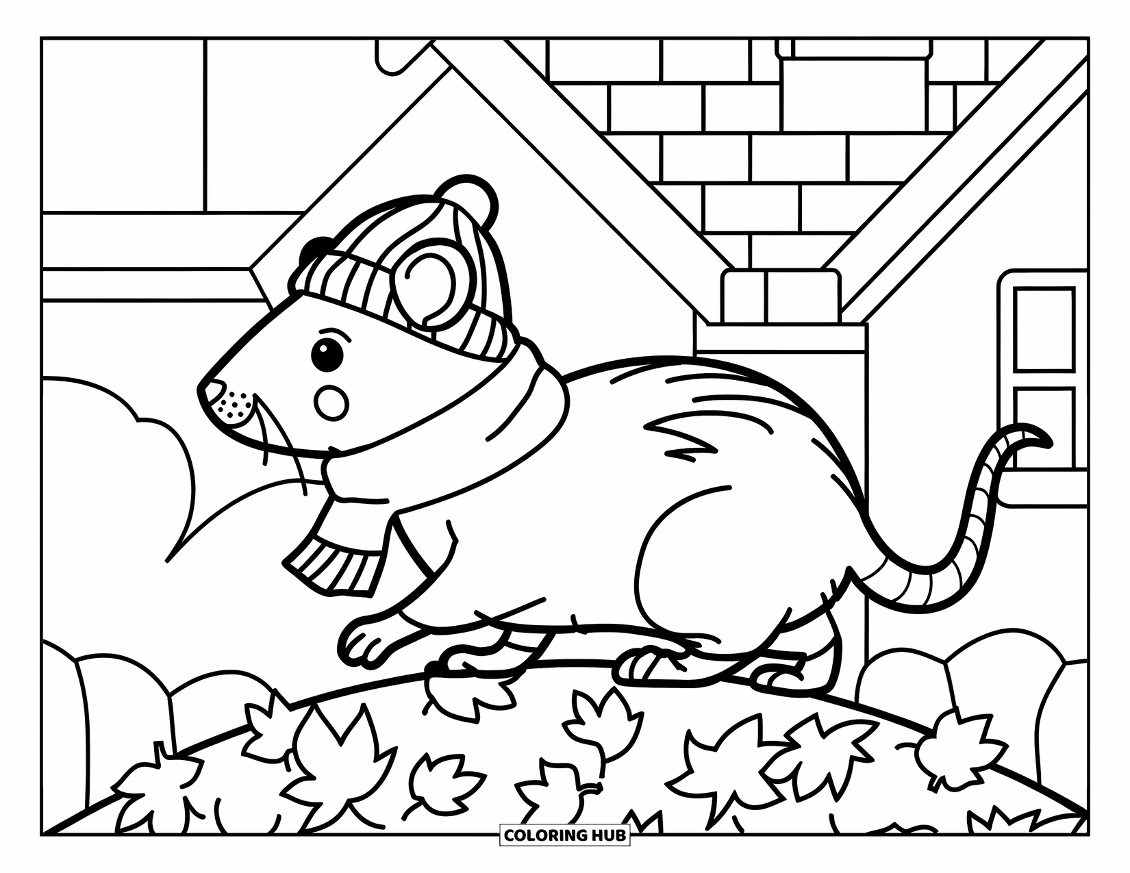 Rat Coloring Page for Kids: Rat in a scarf walks on a pile of leaves near a house with a chimney