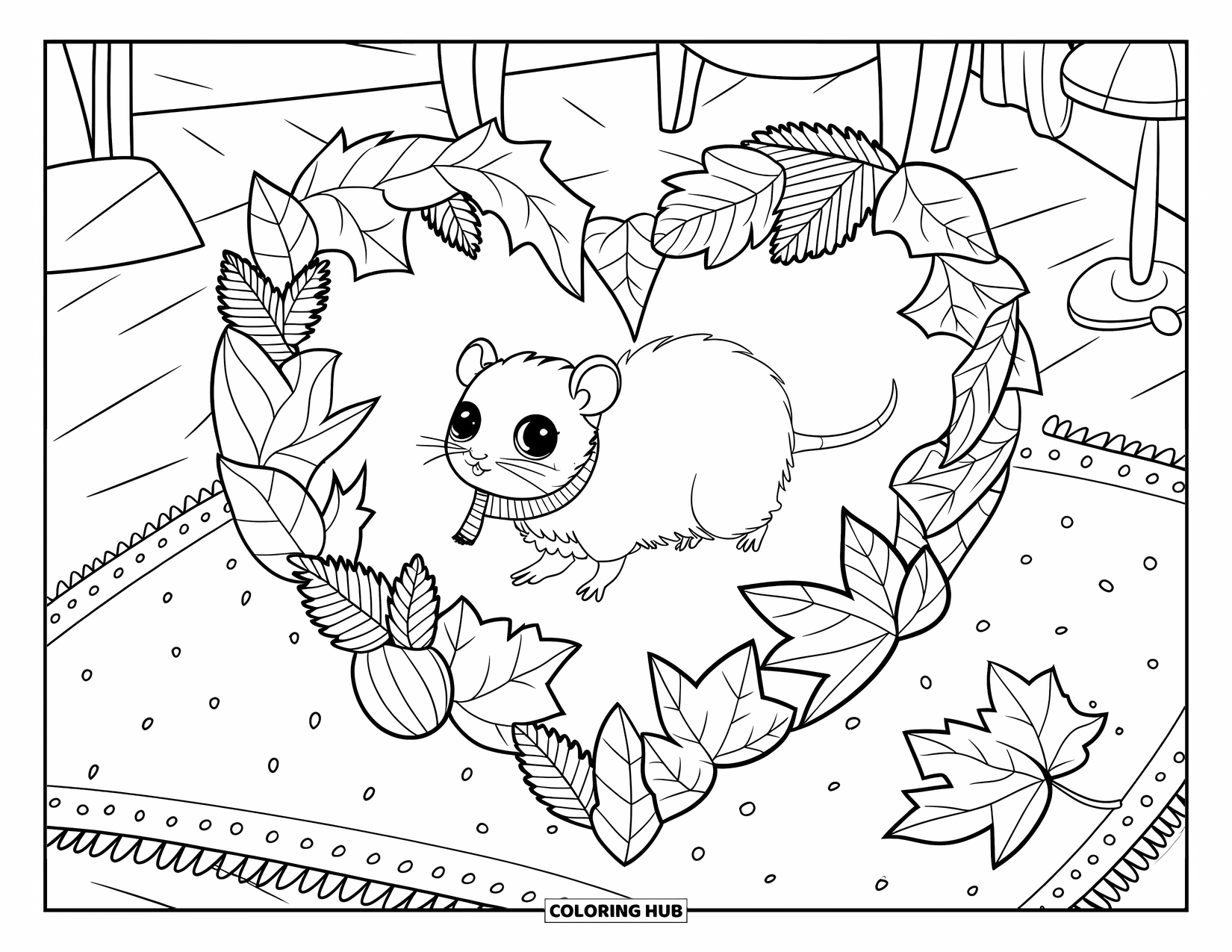 Rat Coloring Page for Kids: Rat in a scarf walks on heart-shaped leaves inside a cozy room