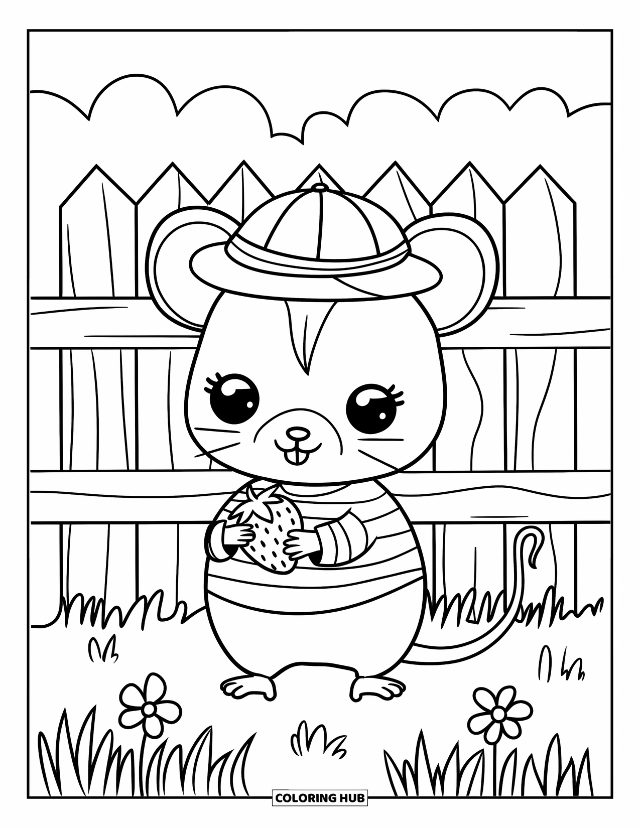 Rat Coloring Page for Kids: Rat in a striped shirt holds a strawberry near a fence and small flowers
