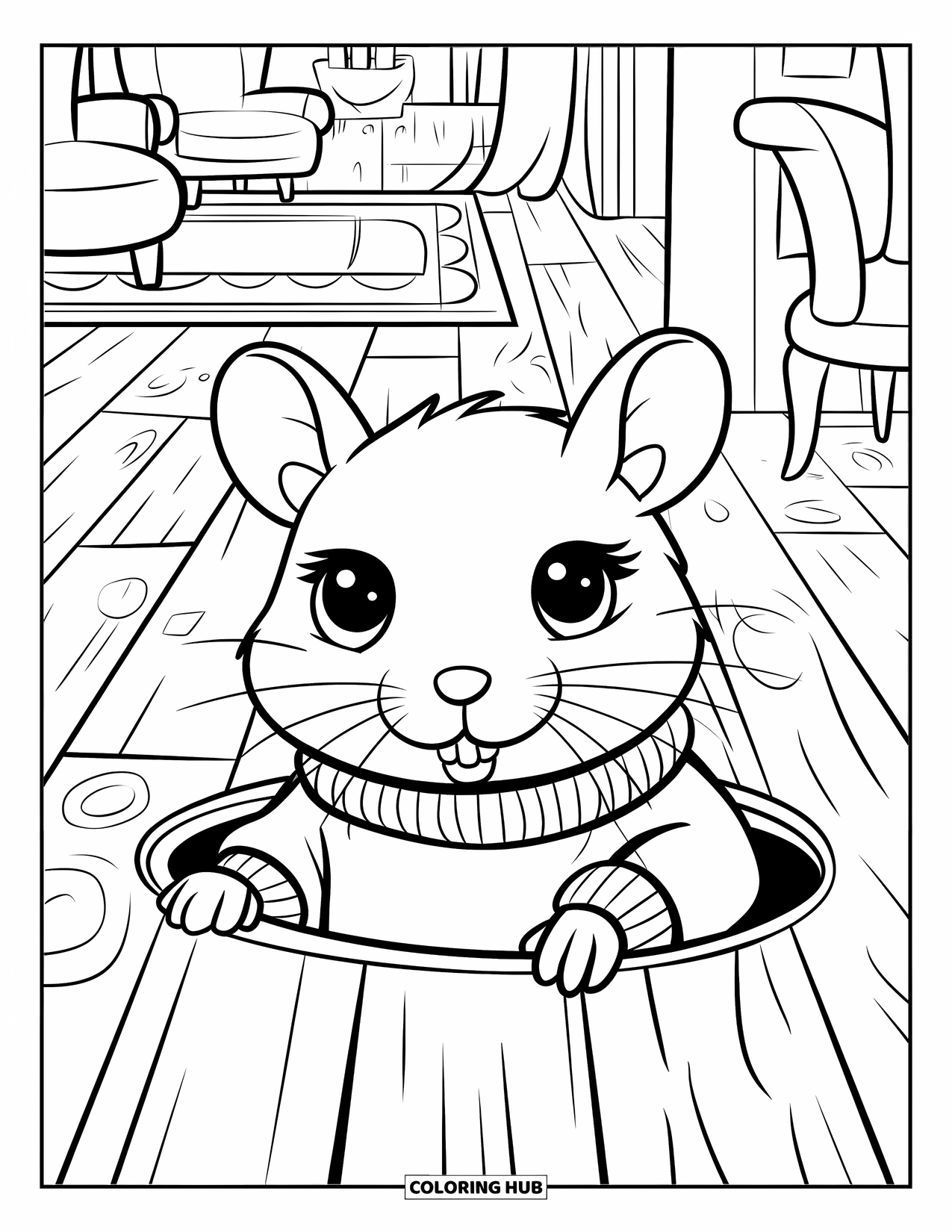 Rat Coloring Page for Kids: Rat in a sweater peeks from a wooden floor with a cozy room behind
