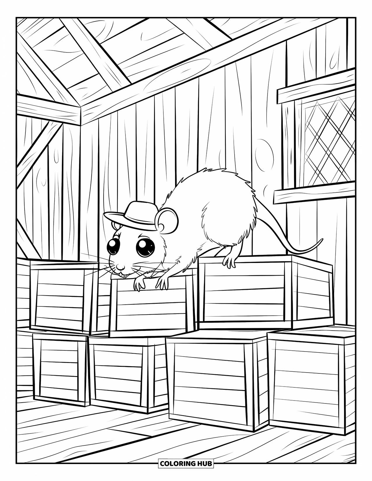 Rat Coloring Page for Kids: Rat in a tiny hat climbs crate piles inside a barn with a grated window