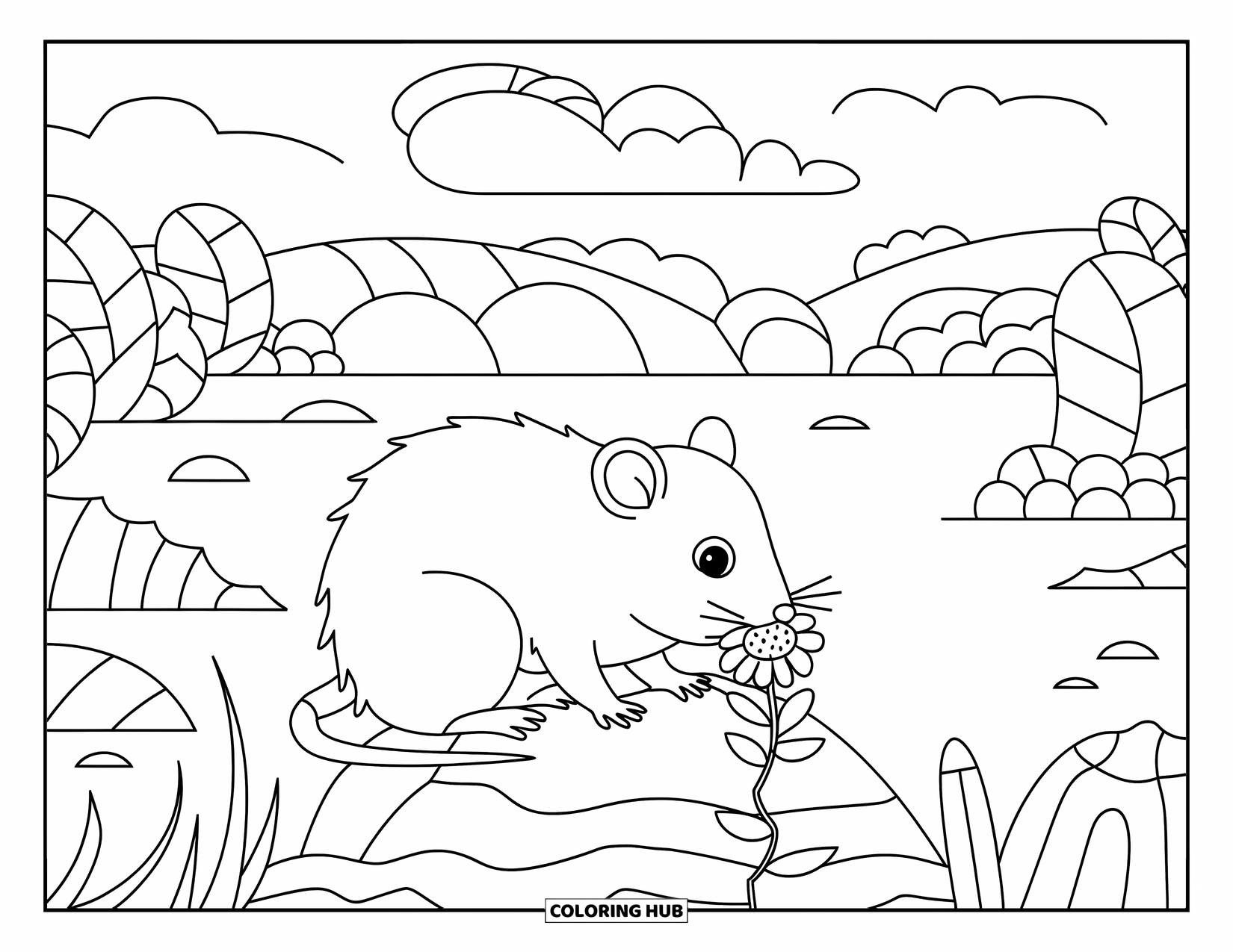 Rat Coloring Page for Kids: Rat on a rock sniffs a flower near a lake, floating islands, and fluffy clouds
