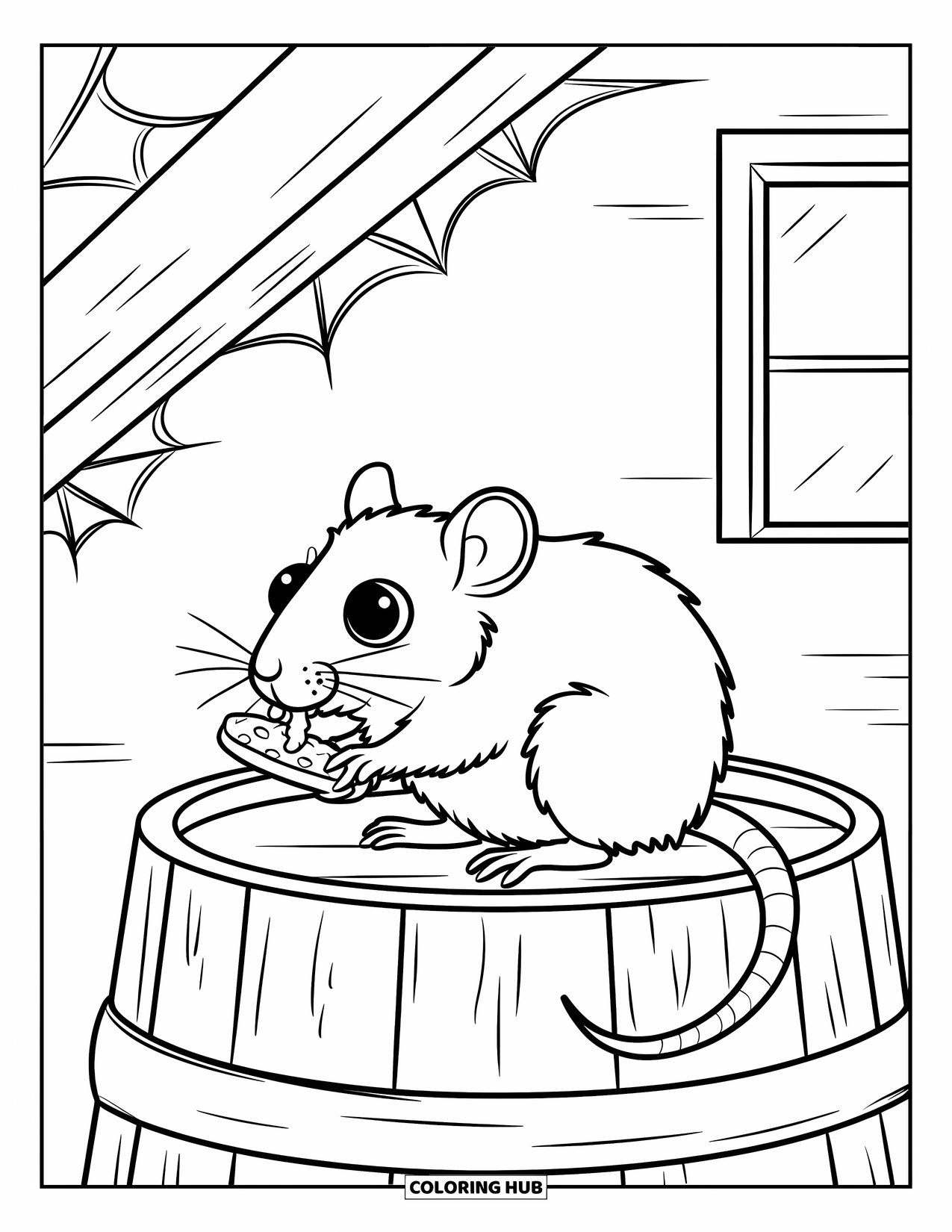 Rat Coloring Page for Kids: Rat sits on a barrel, nibbling a cracker in a quiet attic with cobwebs