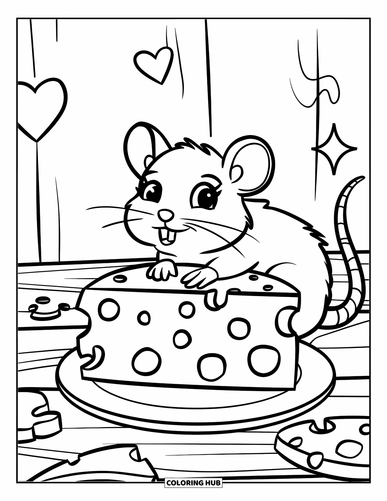 Rat Coloring Page for Kids: Rat sits on wood beside a plate of cheese and cute little stars and hearts