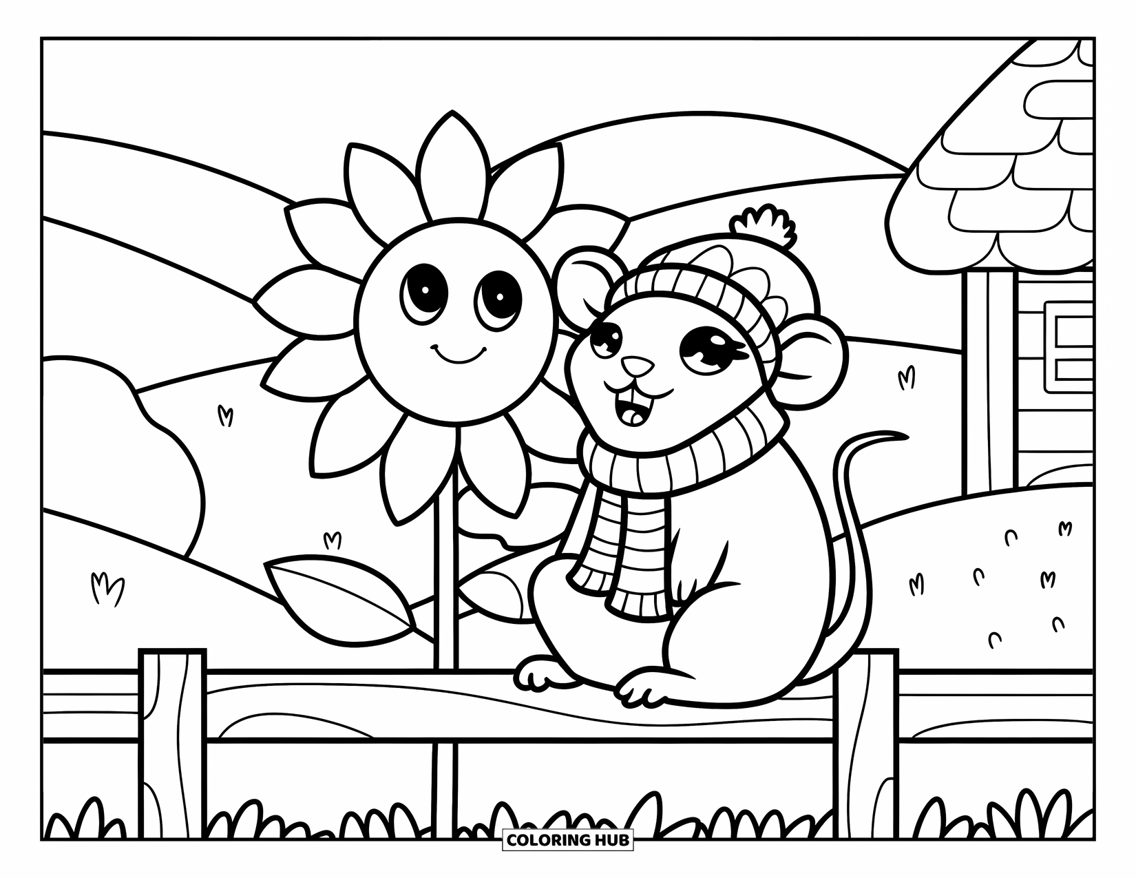Rat Coloring Page for Kids: Rat with a beanie sits by a smiling sunflower near hills and a cozy cottage