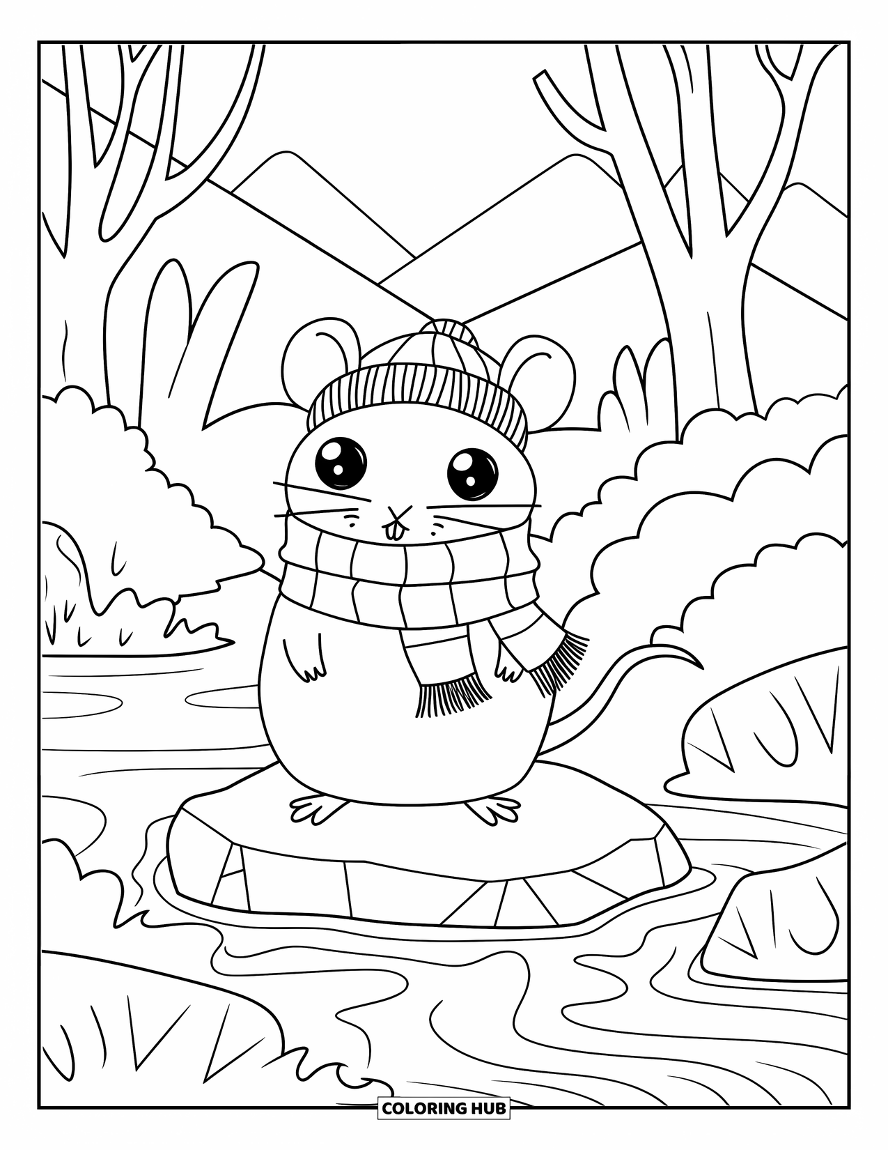 Rat Coloring Page for Kids: Rat with a beanie stands on a rock near a stream and mountain view