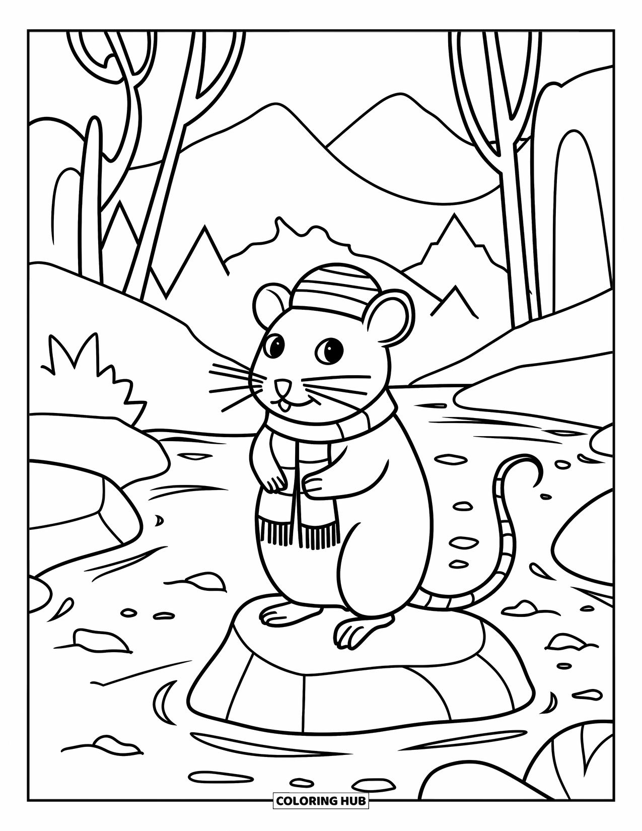Rat Coloring Page for Kids: Rat with a scarf stands on a rock near trees and a quiet stream