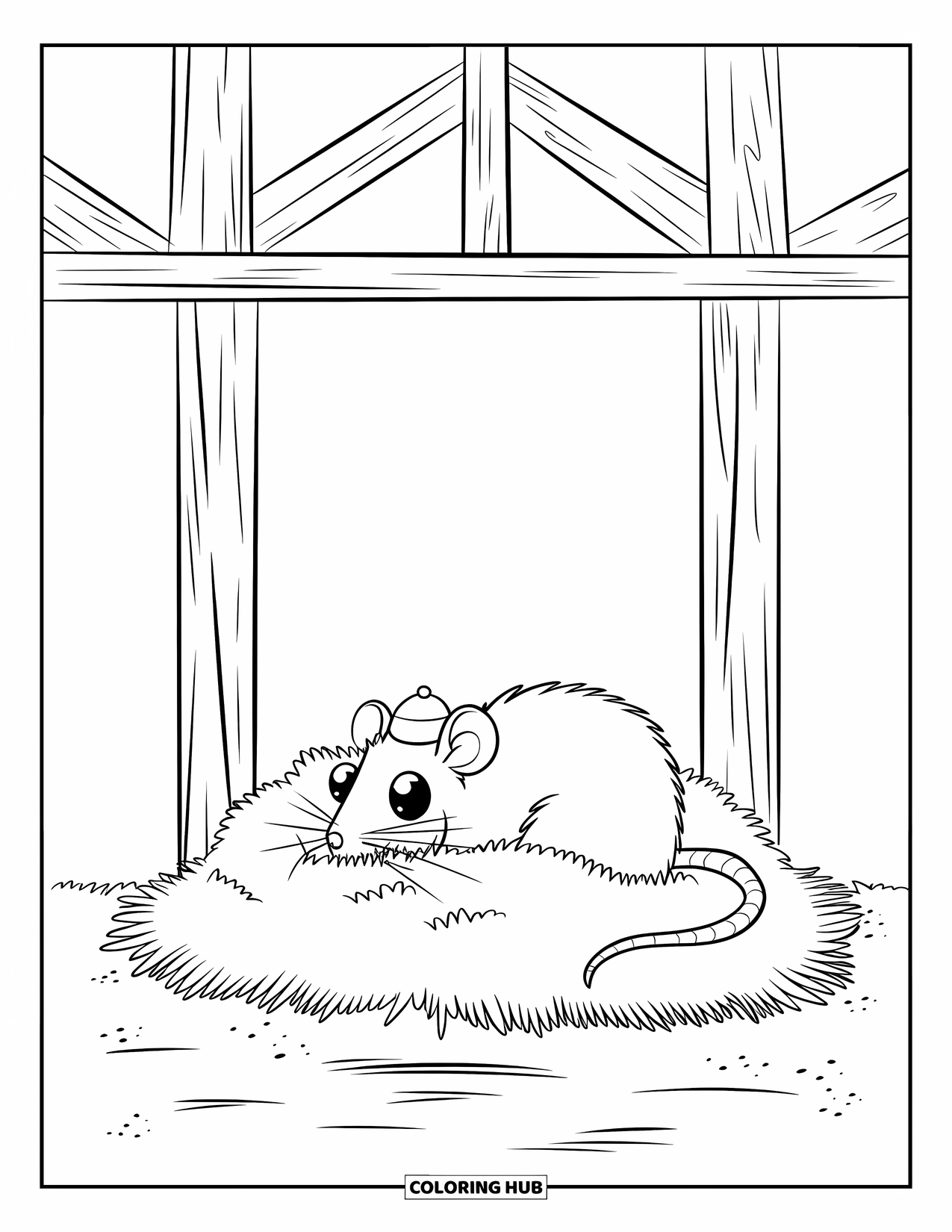 Rat Coloring Page for Kids: Rat with big eyes and a hat burrows into hay inside a simple barn