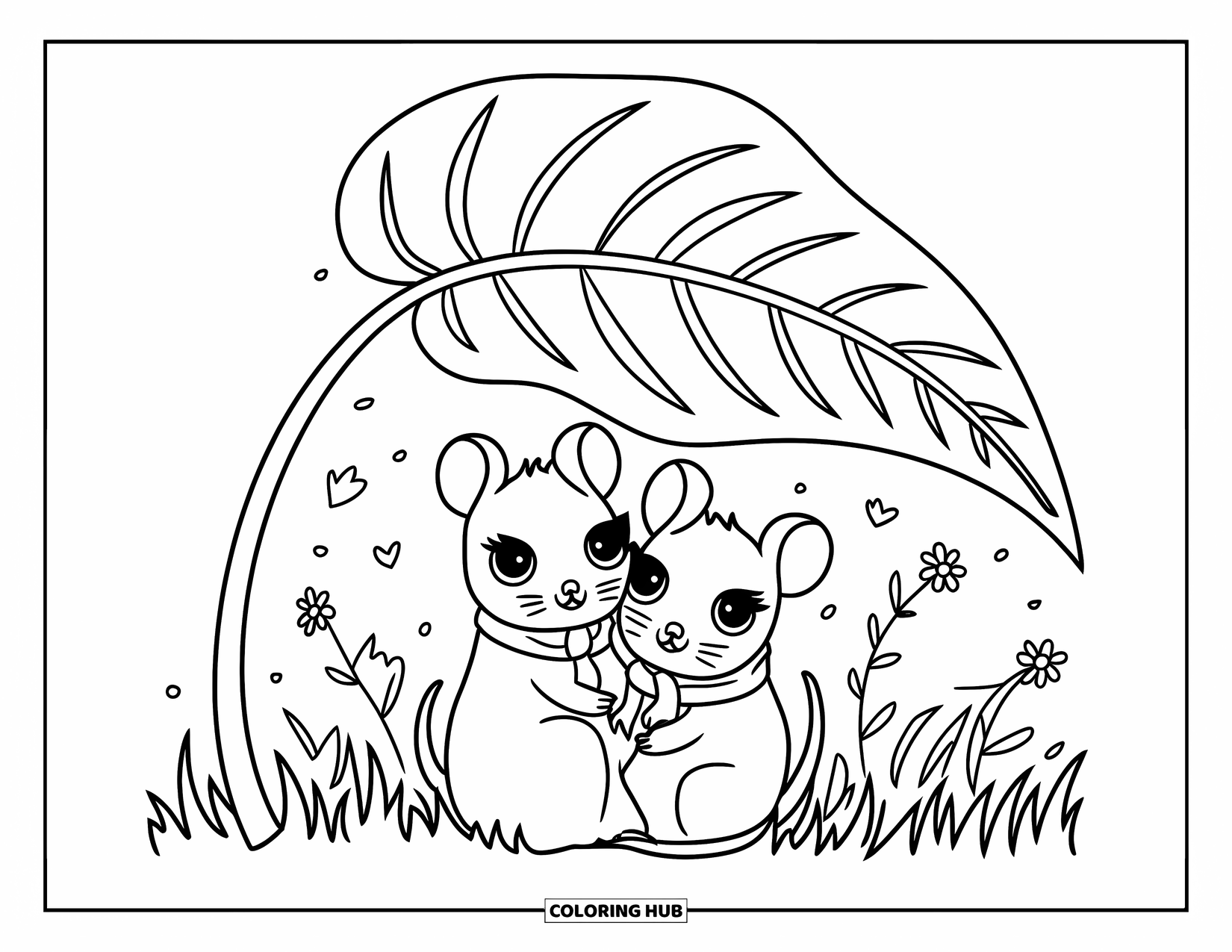 Rat Coloring Page for Kids: Rats in scarves cuddle under a leafy shelter near flowers in a grassy spot