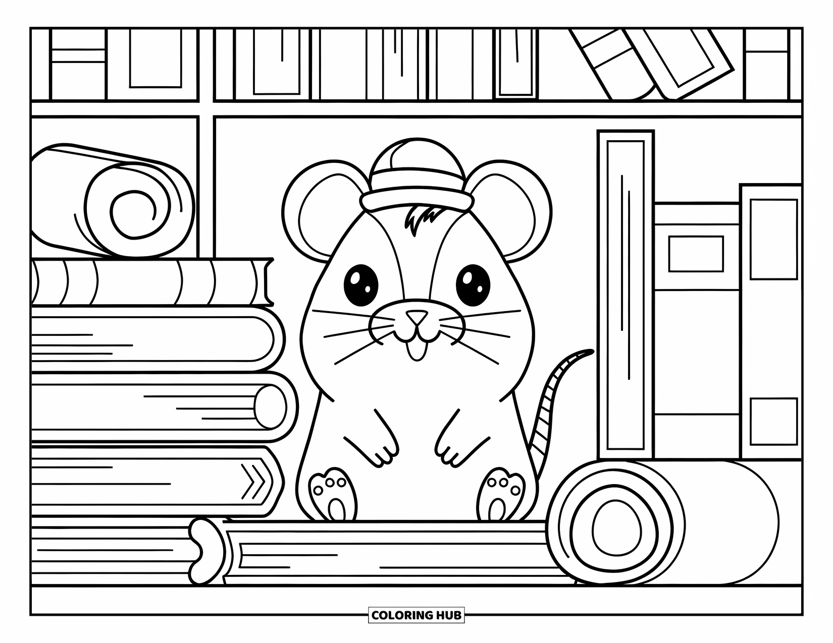 Rat Coloring Page for Kids: Smiling rat in a hat sits between books and scrolls in a cozy book-filled room