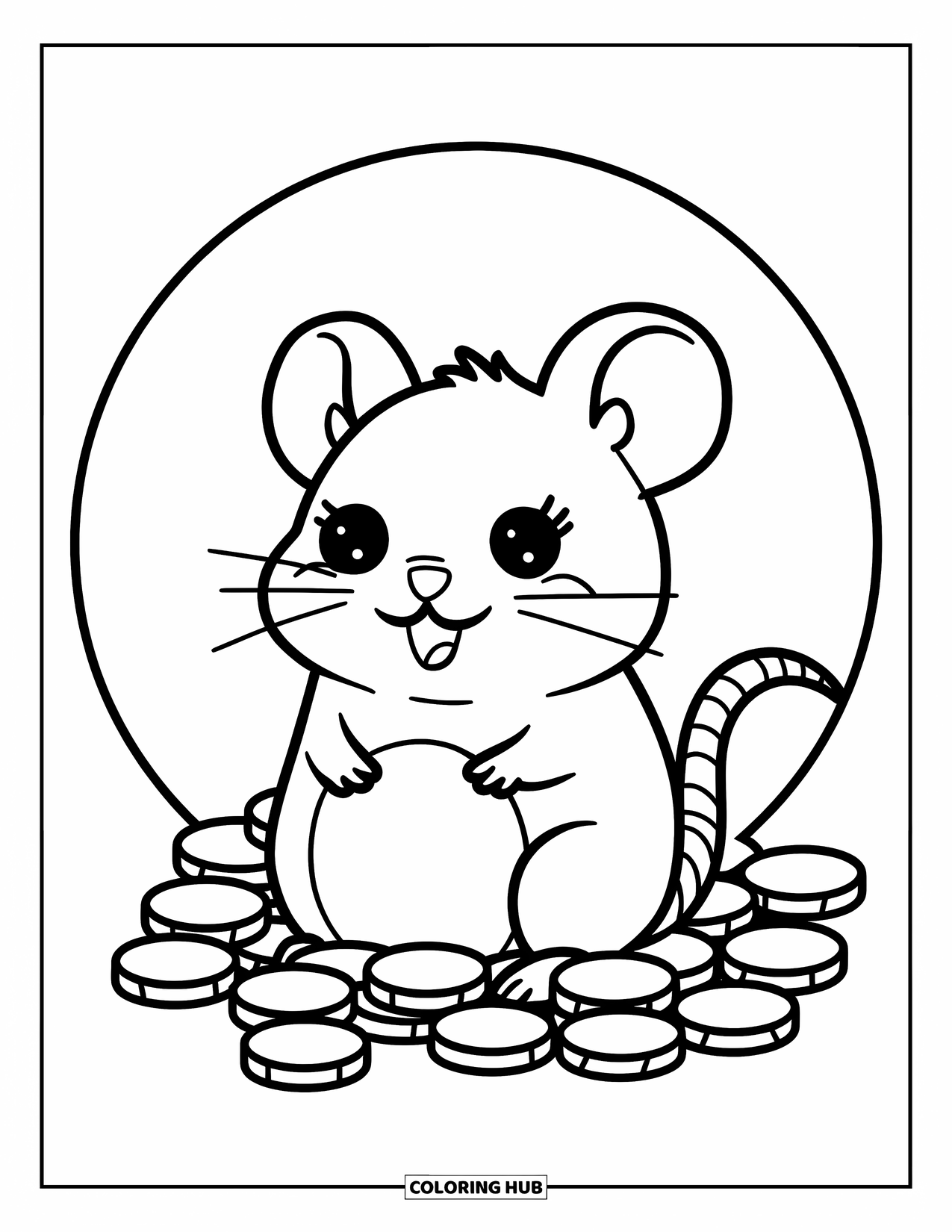 Rat Coloring Page for Kids: Smiling rat with big ears sits on coins inside a white circular frame