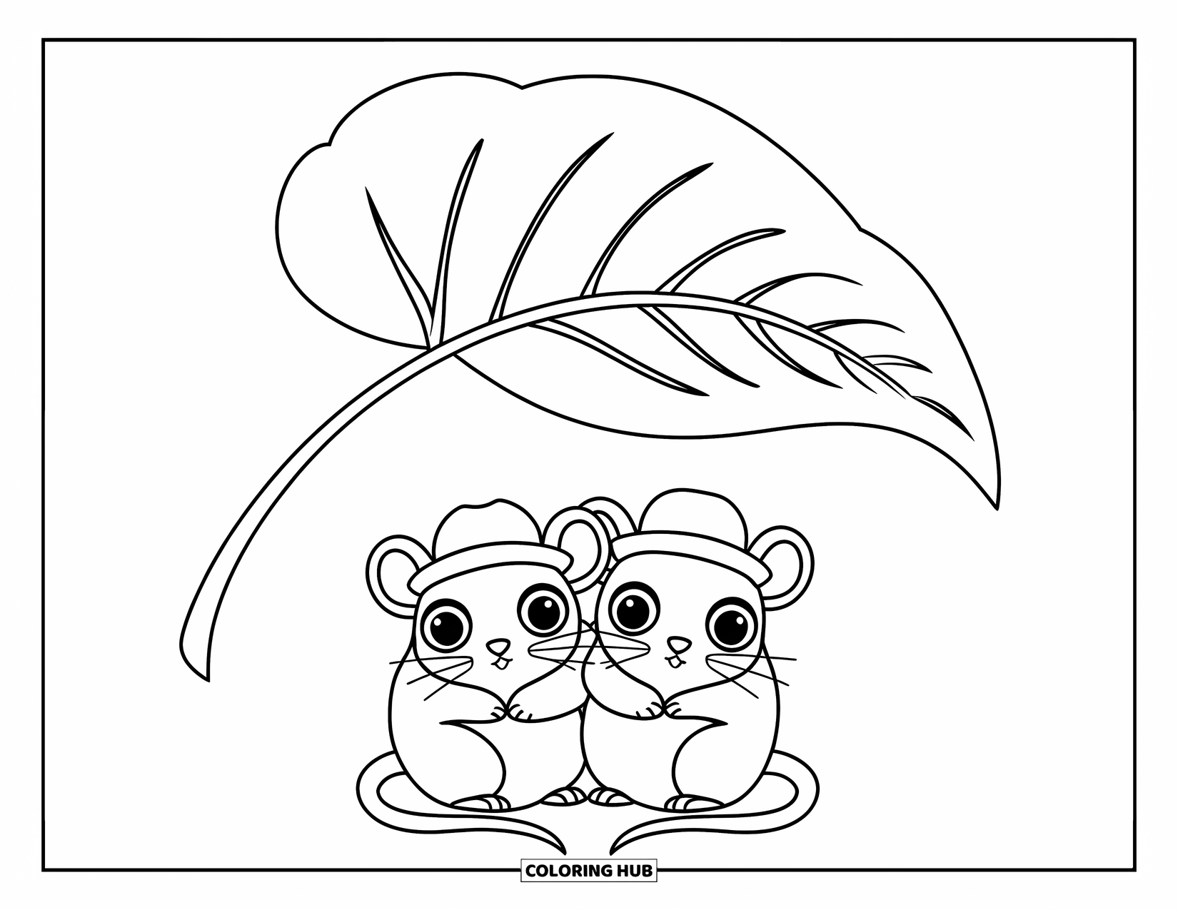 Rat Coloring Page for Kids: Two rats in hats snuggle under a leaf with tiny veins and no background