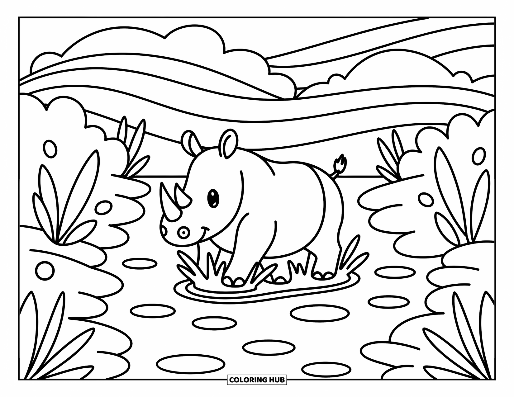 Rhino Coloring Page for Adults: Adorable rhino wades through a stream while splash lines dance around its feet