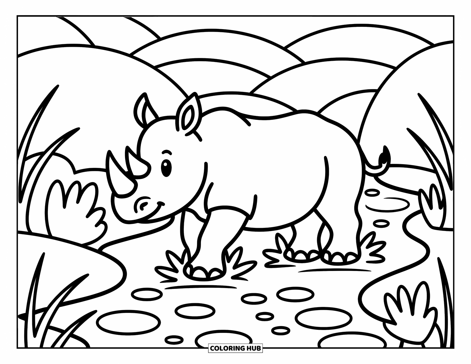 Rhino Coloring Page for Adults: Cute rhino steps carefully in a stream surrounded by soft plants and hills