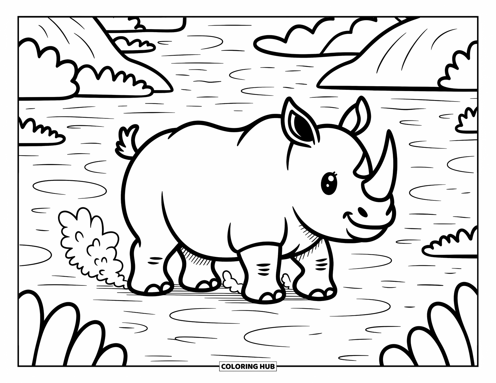 Rhino Coloring Page for Adults: Kawaii rhino covered in dust stands playfully on dry, cracked earth