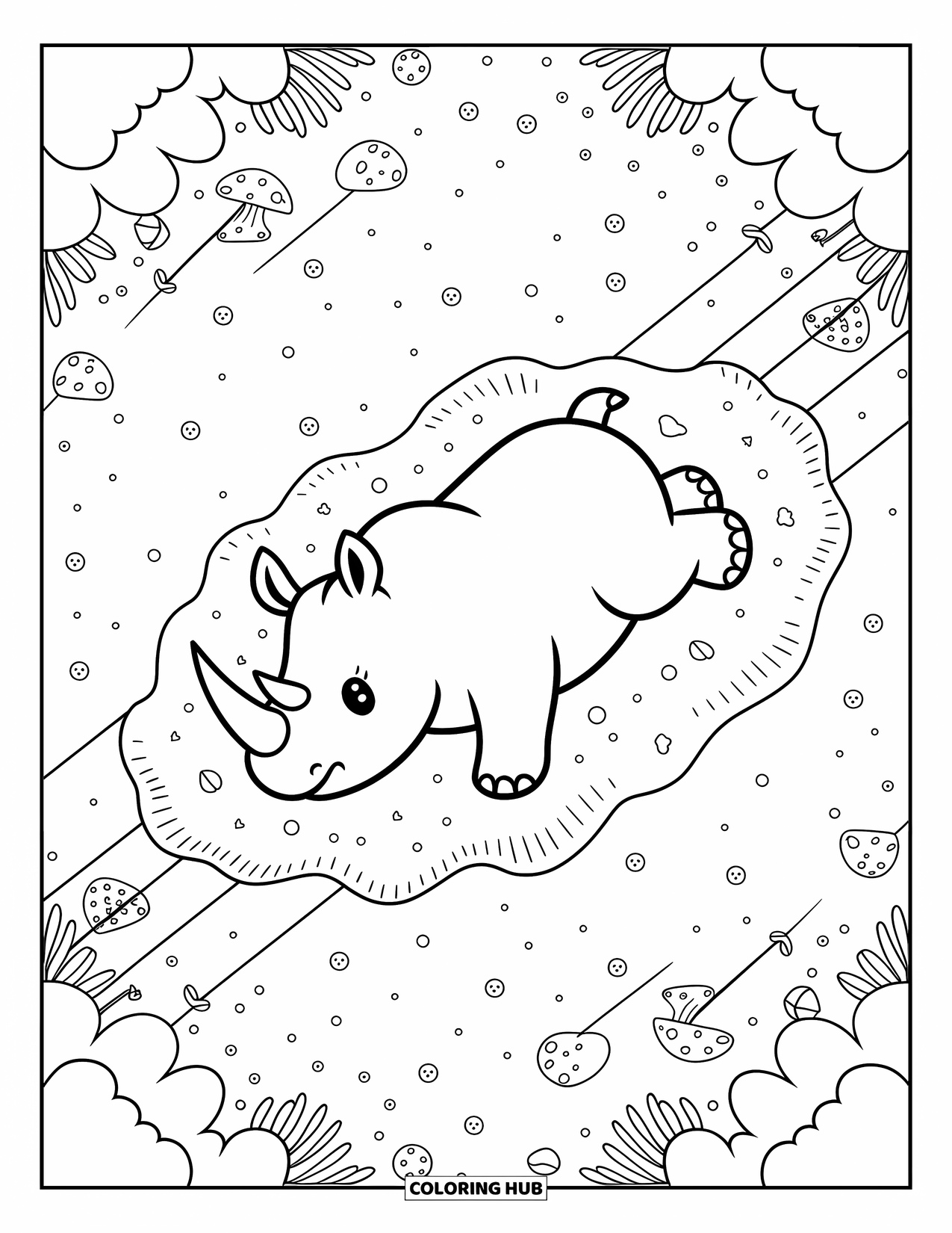 Rhino Coloring Page for Adults: Relaxed rhino rests on dusty land with little mushrooms and playful touches