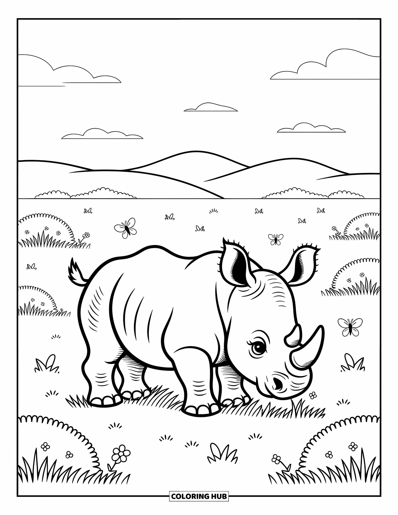 Rhino Coloring Page for Adults: Rhino munches peacefully on grass in a wide-open savannah with butterflies