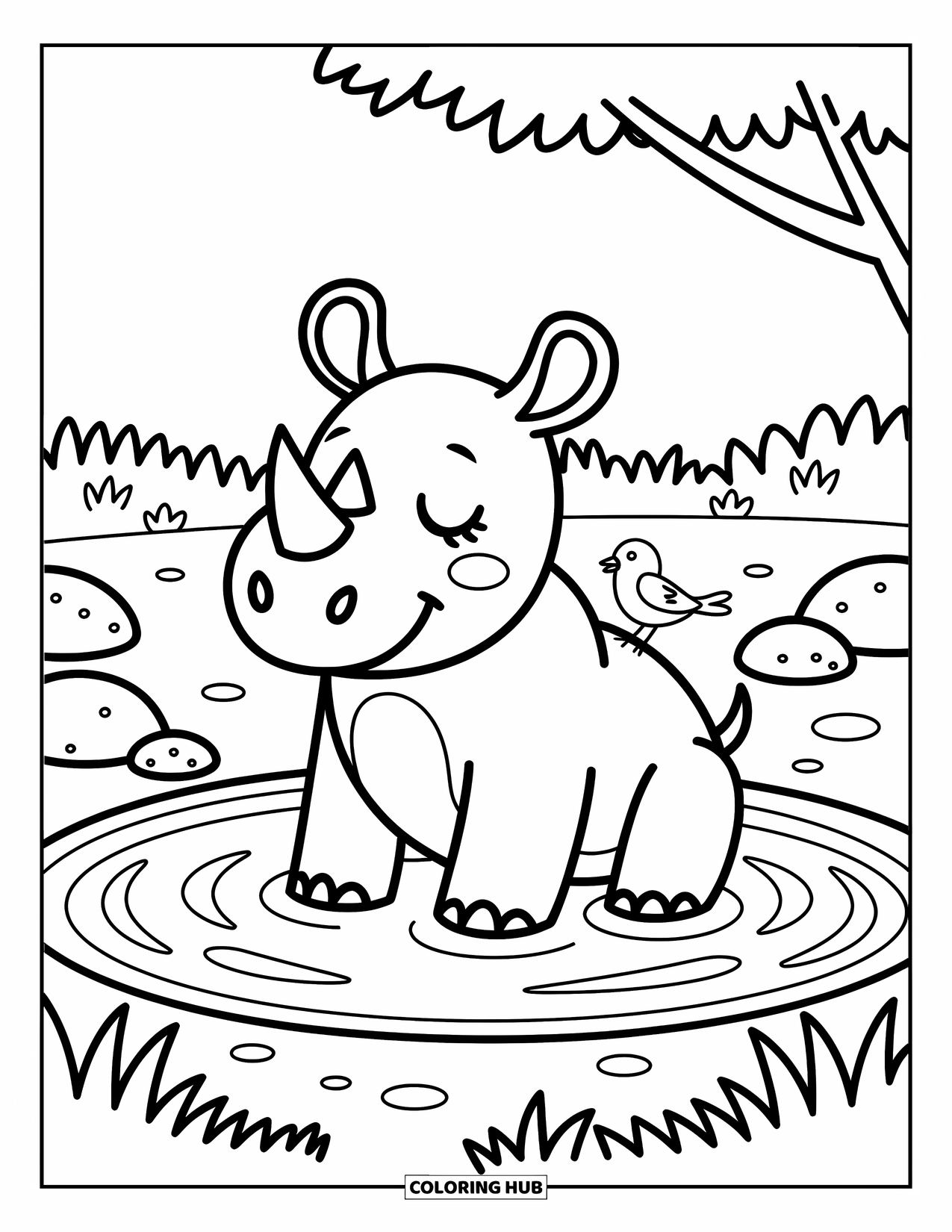 Rhino Coloring Page for Adults: Rhino relaxes in a mud pit with a tiny bird sitting on its back