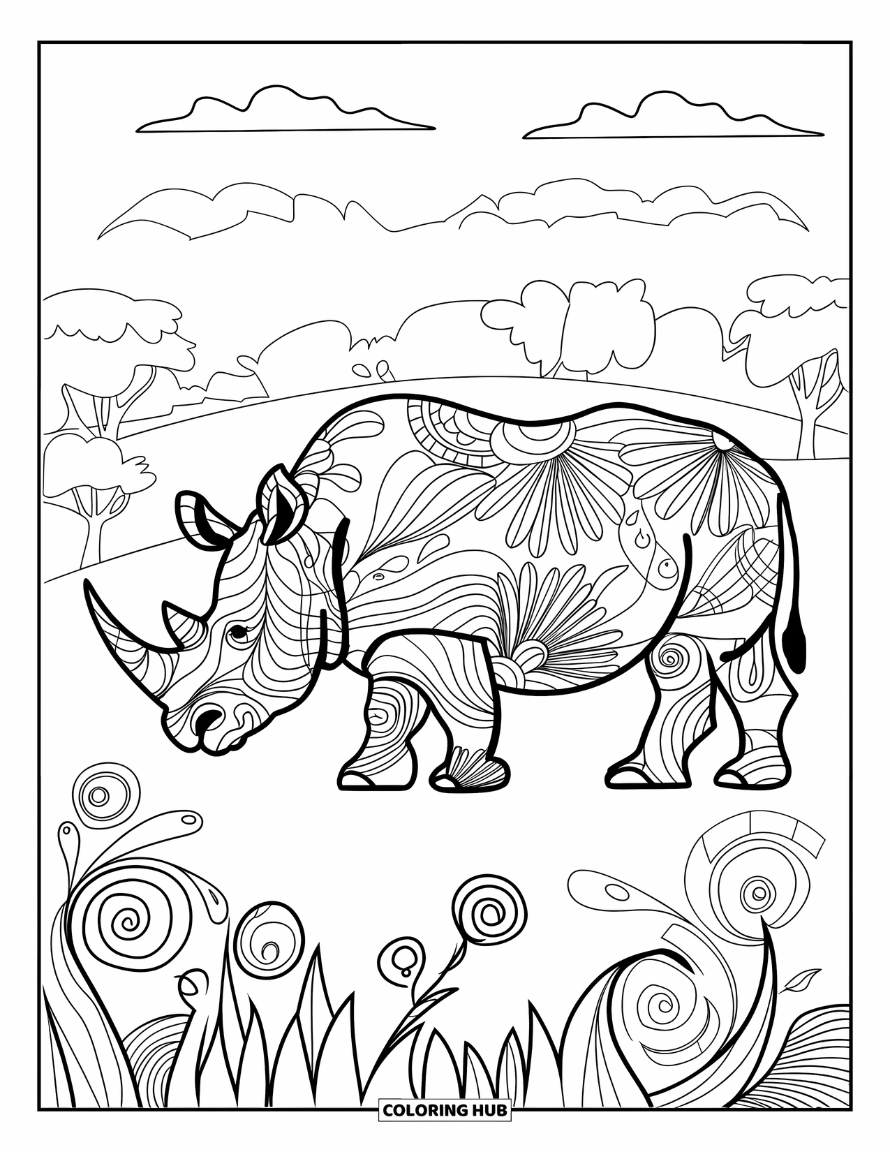 Rhino Coloring Page for Adults: Rhino silhouette stands under cloudy skies with trees and floral patterns