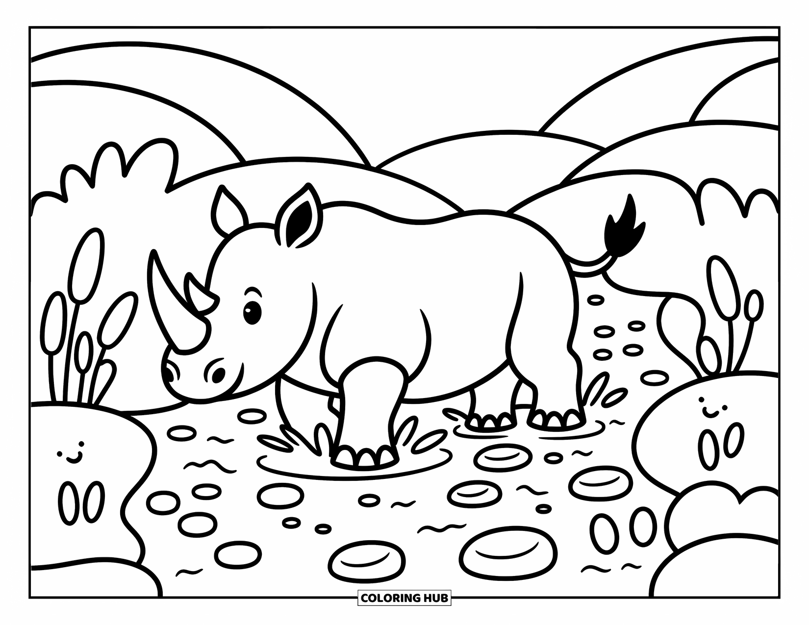 Rhino Coloring Page for Adults: Rhino splashes through a shallow stream filled with stones and curved reeds
