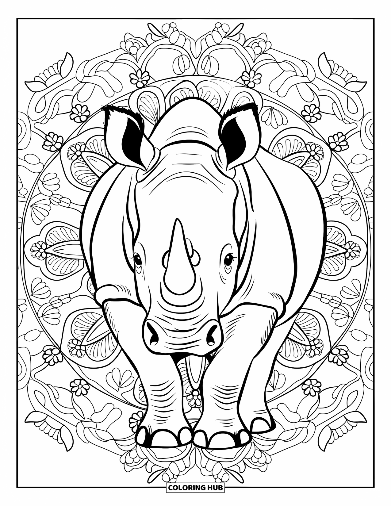 Rhino Coloring Page for Adults: Rhino stands calmly in a garden of swirling mandala flowers