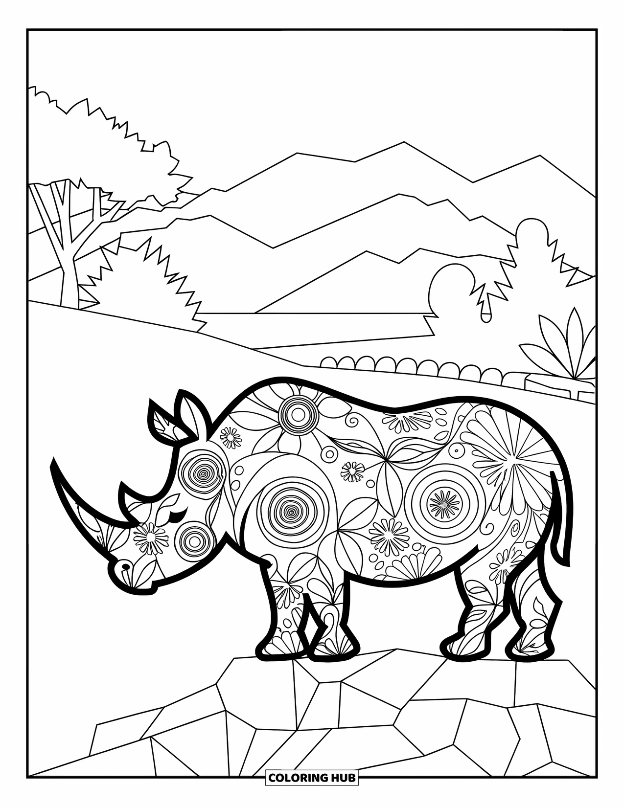 Rhino Coloring Page for Adults: Stylized rhino silhouette is filled with spirals and floral designs
