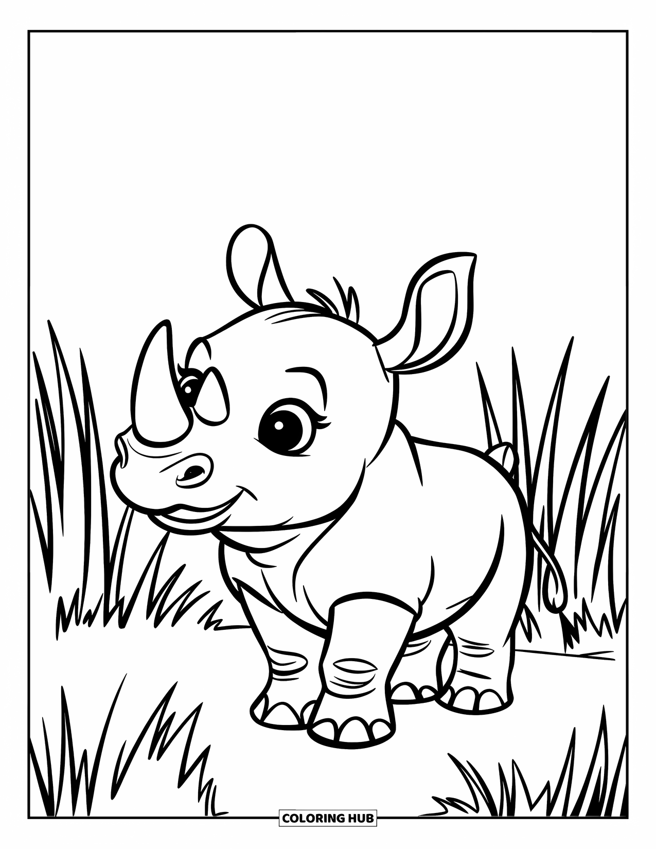 Rhino Coloring Page for Kids: Cheerful baby rhino stands on savanna grass with a clear sky