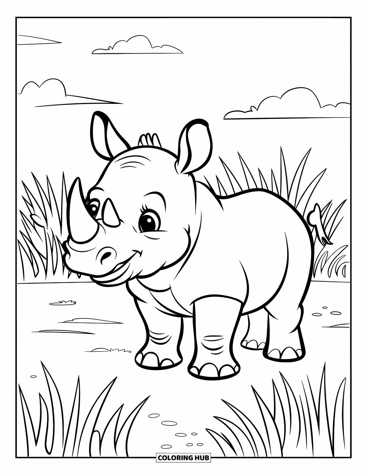 Rhino Coloring Page for Kids: Happy baby rhino stands alone in tall grassy savanna