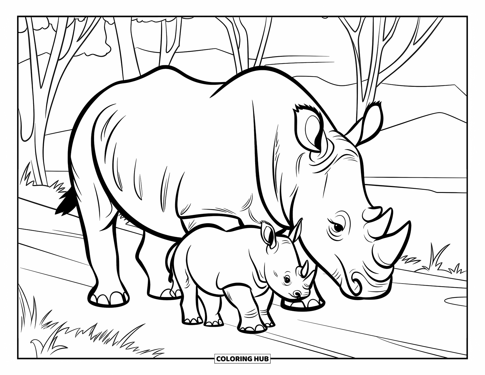 Rhino Coloring Page for Kids: Mother rhino protectively walking beside her baby near tall trees