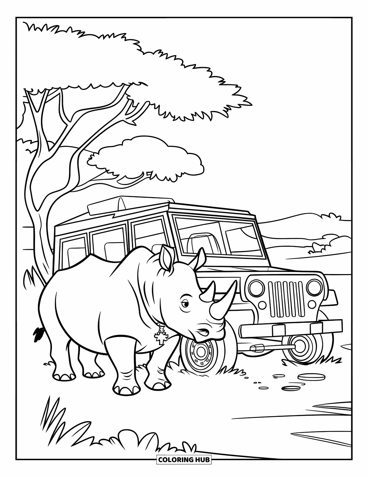 Rhino Coloring Page for Kids: Rhino and jeep in the savanna, with trees in the distance