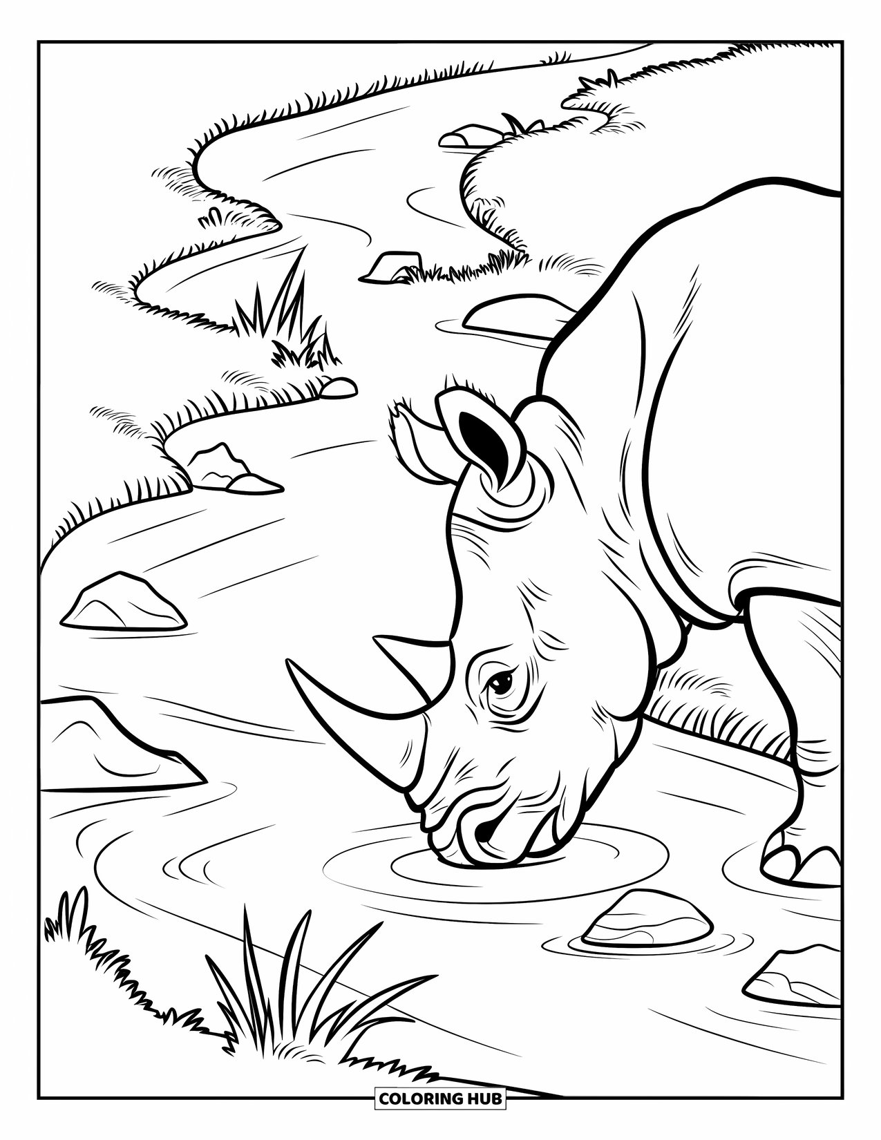 Rhino Coloring Page for Kids: Rhino bends to drink from a gentle river surrounded by reeds