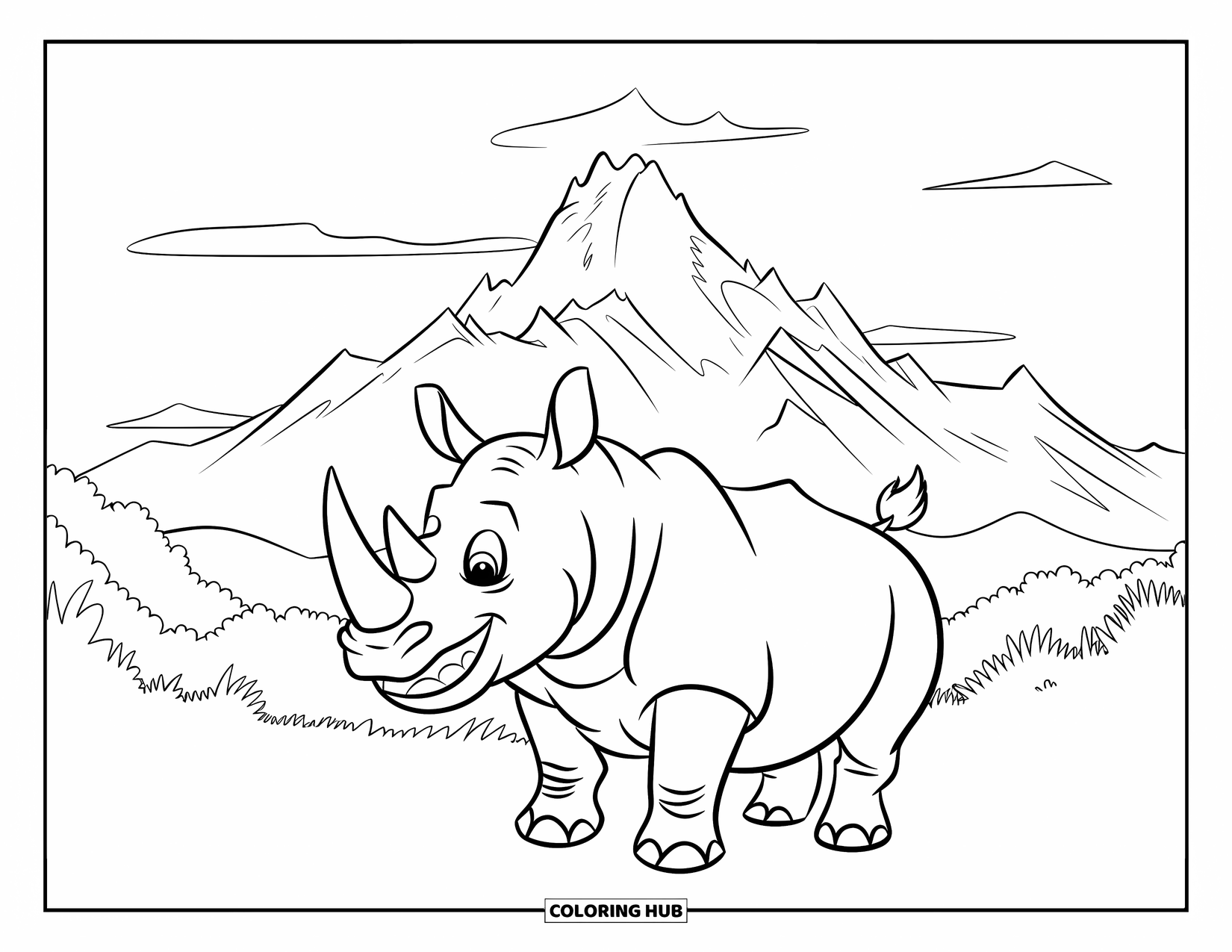 Rhino Coloring Page for Kids: Rhino grinning on two legs with mountains and trees behind