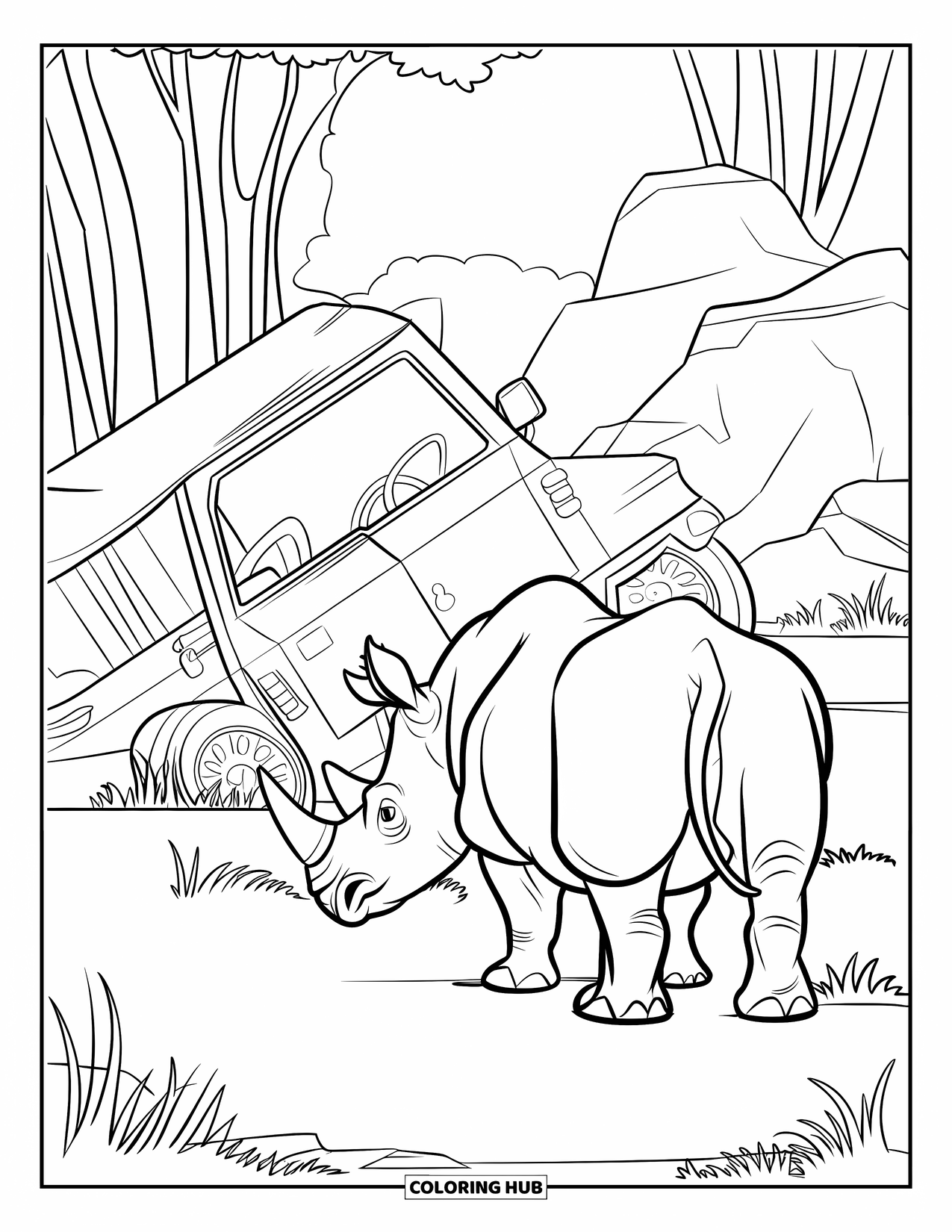 Rhino Coloring Page for Kids: Rhino next to an old tilted jeep in tall grass