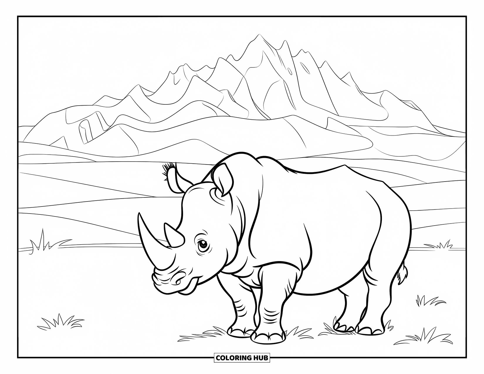 Rhino Coloring Page for Kids: Rhino on grass with soft mountain lines and a clear sky