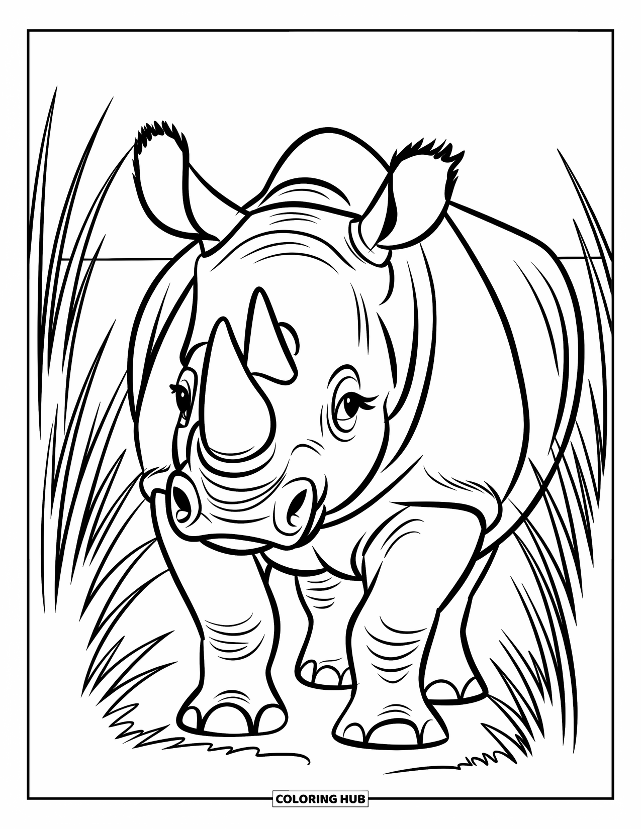 Rhino Coloring Page for Kids: Rhino peeking through tall grass with a steady gaze