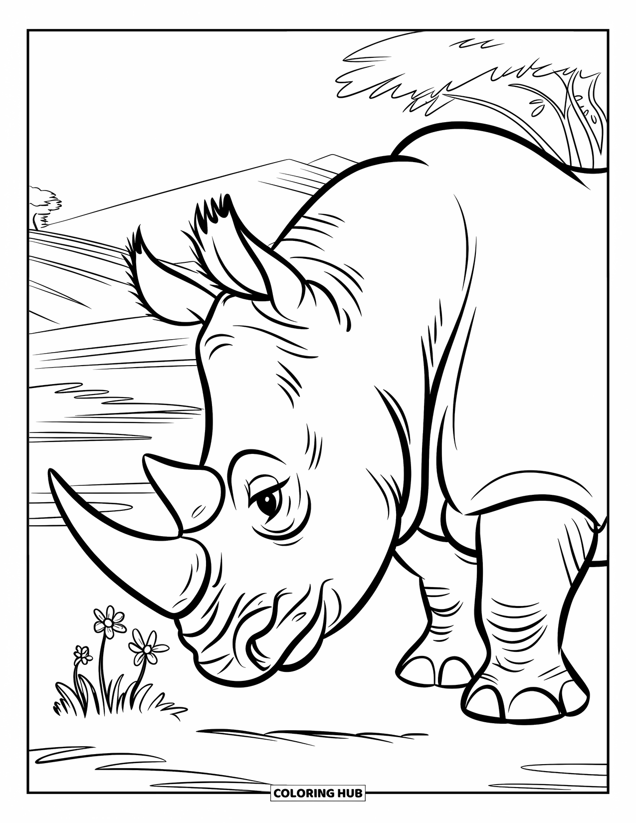Rhino Coloring Page for Kids: Rhino sniffing flowers in a calm, hilly landscape