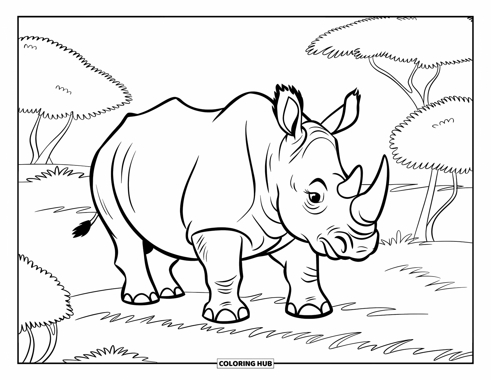 Rhino Coloring Page for Kids: Rhino stands on grass, looking sideways near small savannah shrubs