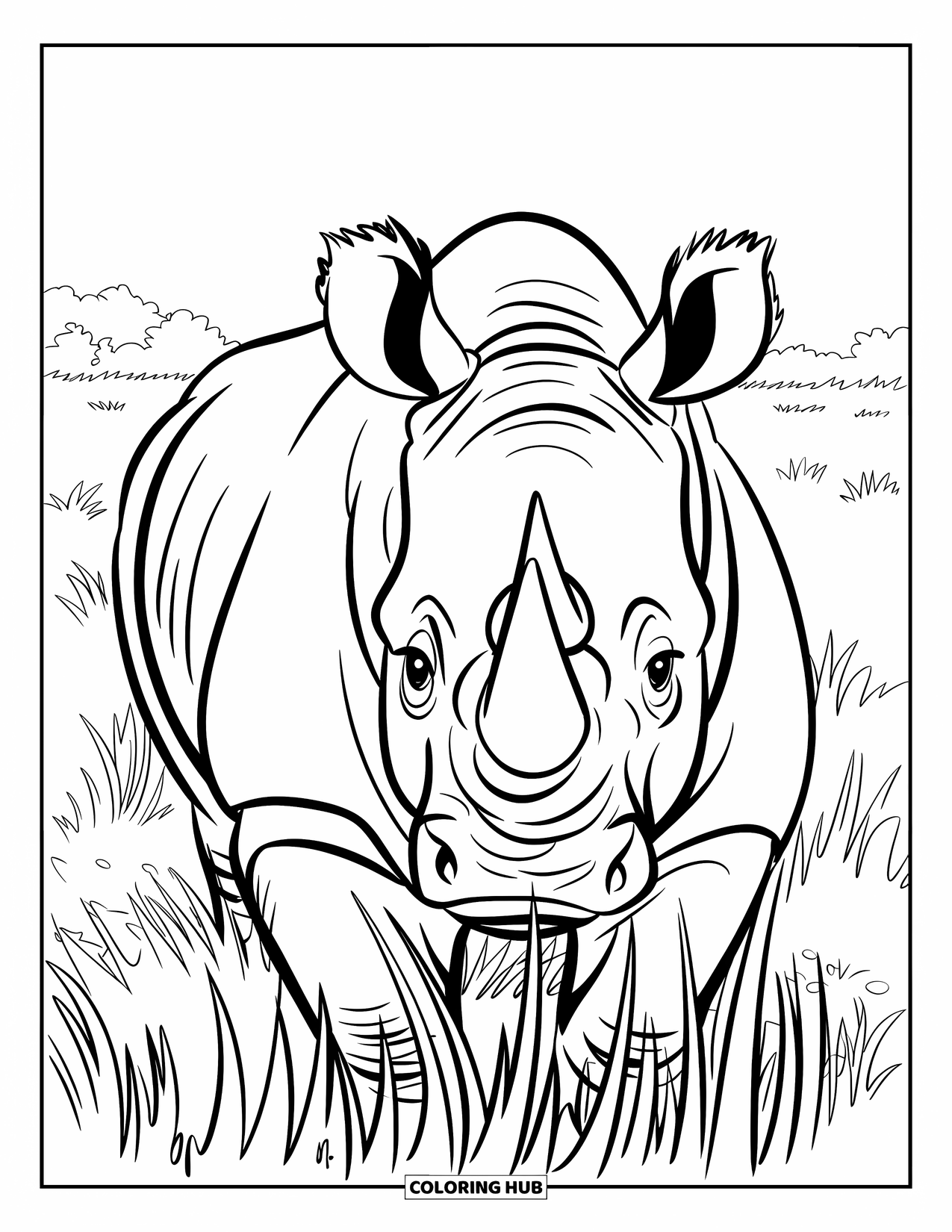 Rhino Coloring Page for Kids: Rhino stares ahead from thick grass in an open field