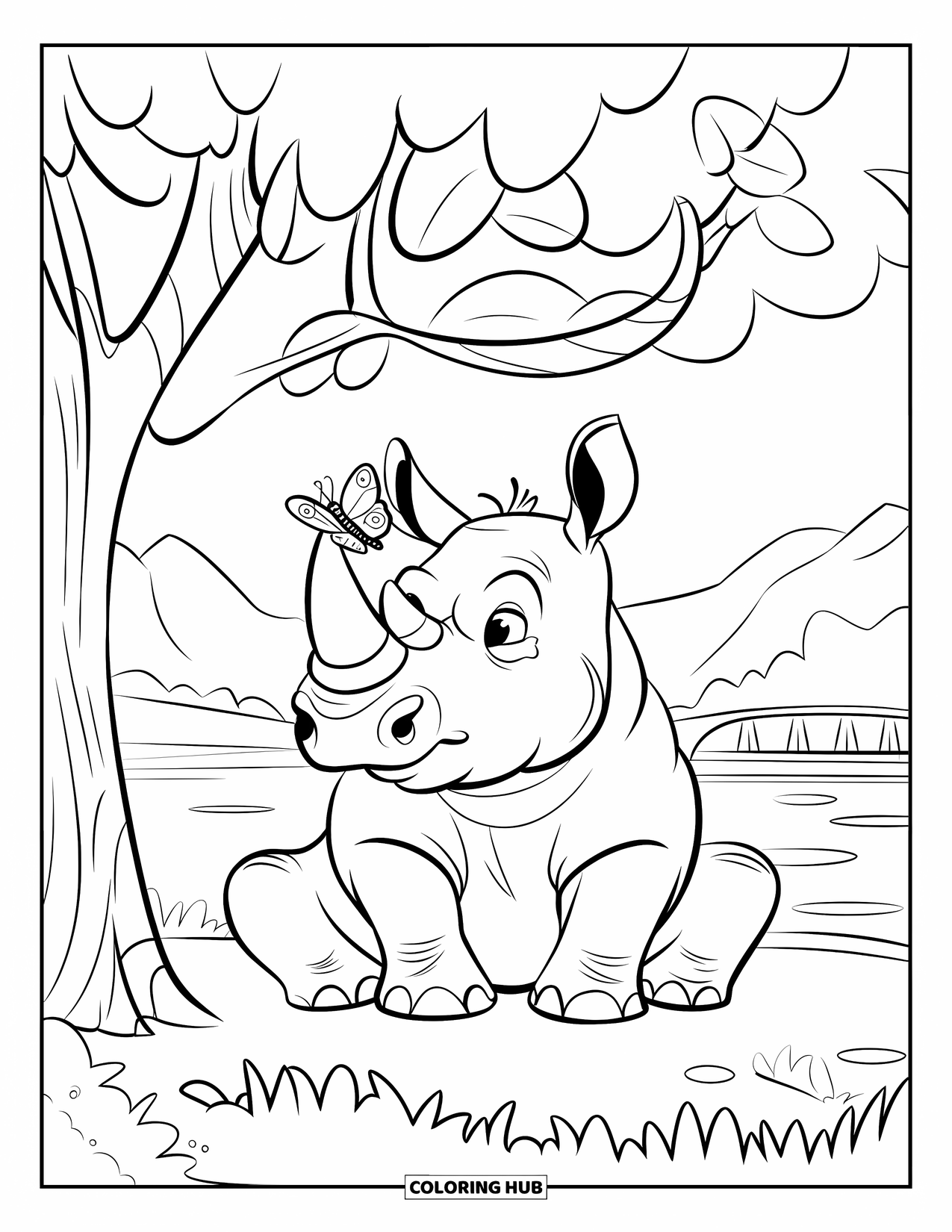Rhino Coloring Page for Kids: Rhino under a leafy tree with a butterfly on its nose