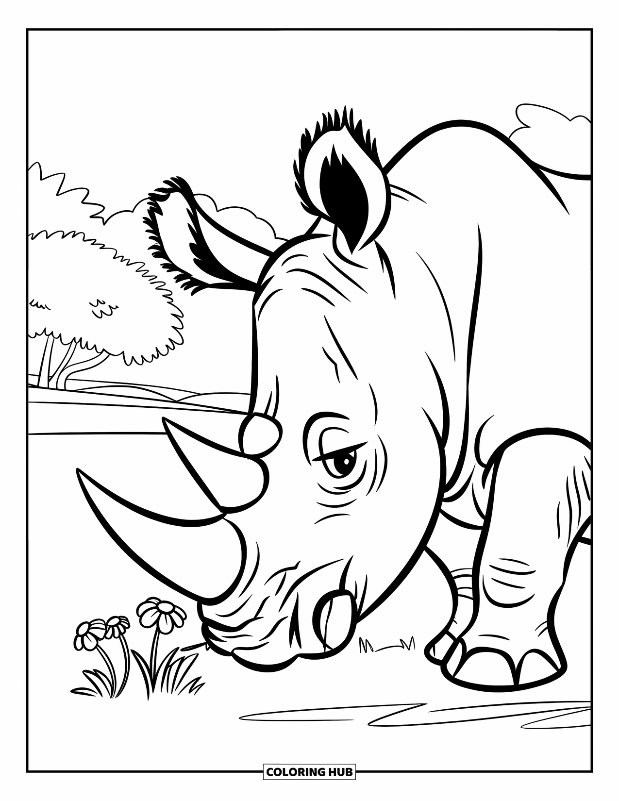 Rhino Coloring Page for Kids: Rhino with a round body sniffs flowers in a peaceful green field