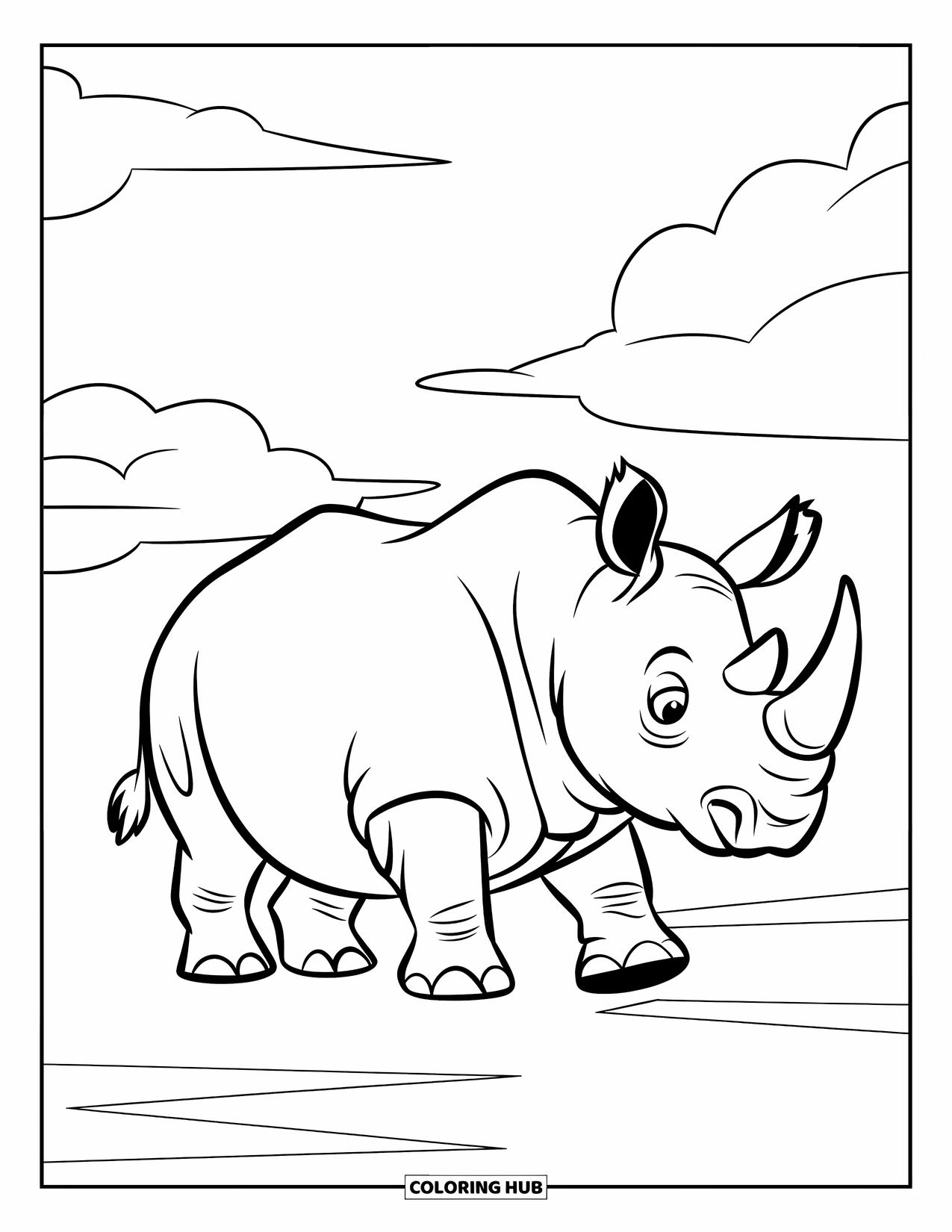 Rhino Coloring Page for Kids: Simple rhino walks on flat ground under puffy clouds