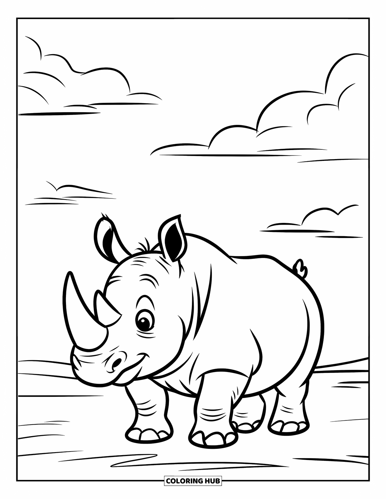 Rhino Coloring Page for Kids: Smiling rhino walks on flat ground beneath a cloudy sky