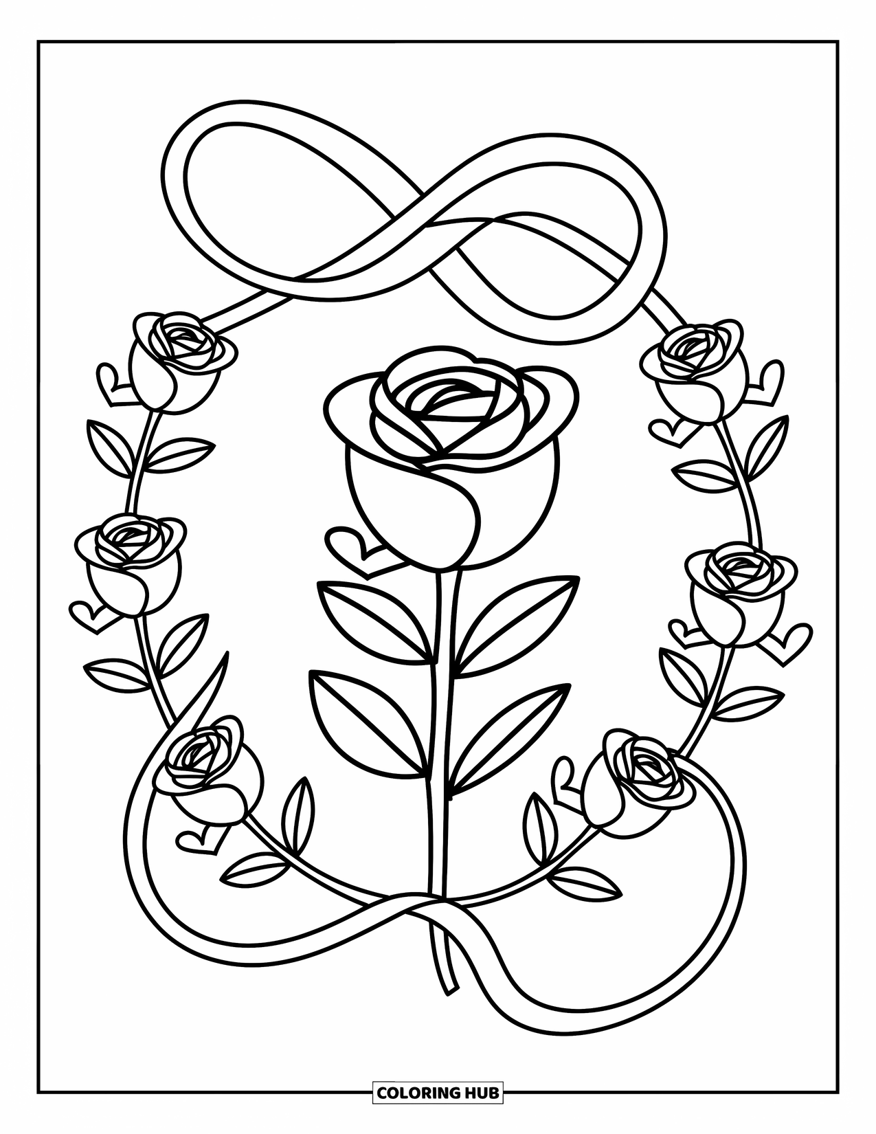 Rose Mandala Coloring Page for Adults: Blooming rose with ribbon loops and heart-leaf roses all around