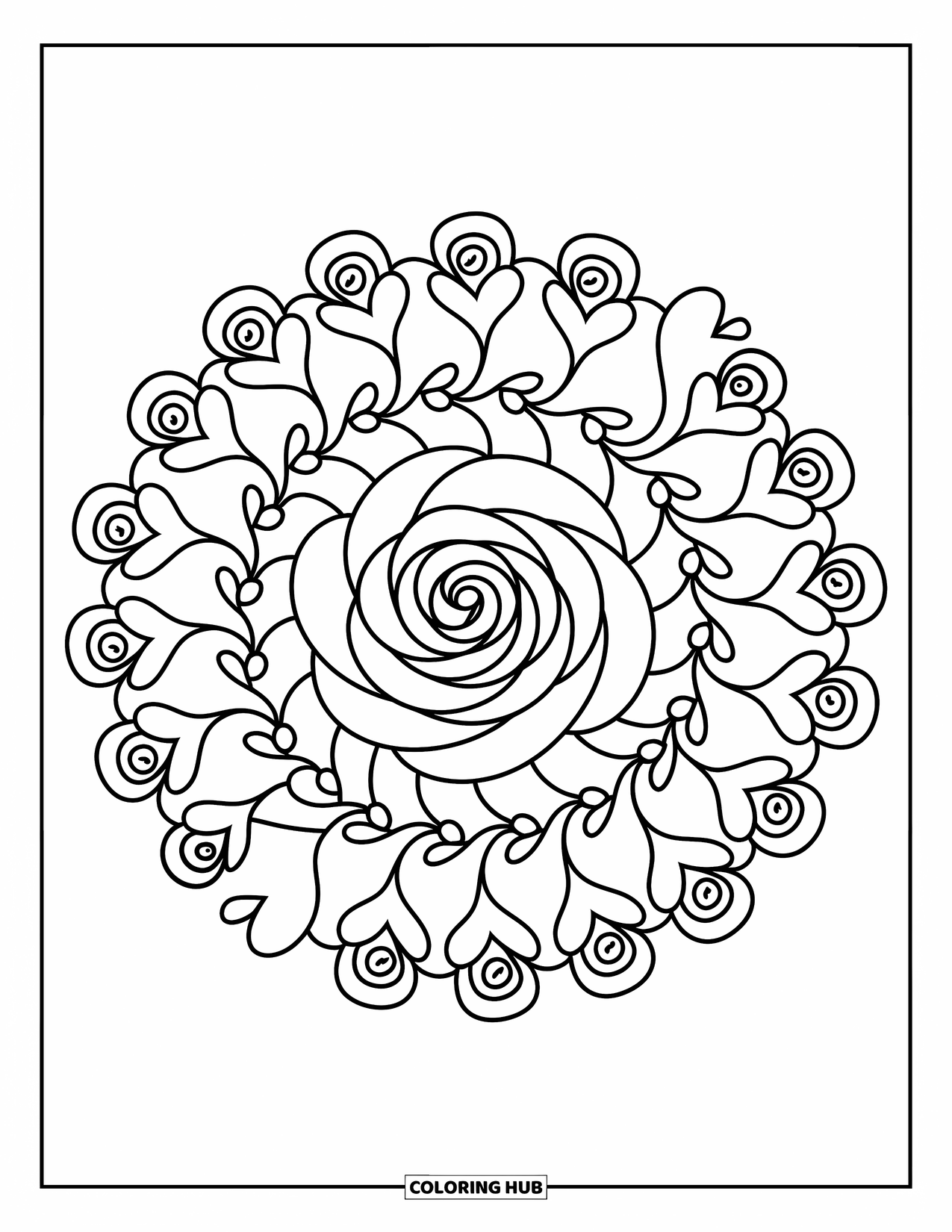 Rose Mandala Coloring Page for Adults: Central rose with swirling heart petals and leafy curls all around