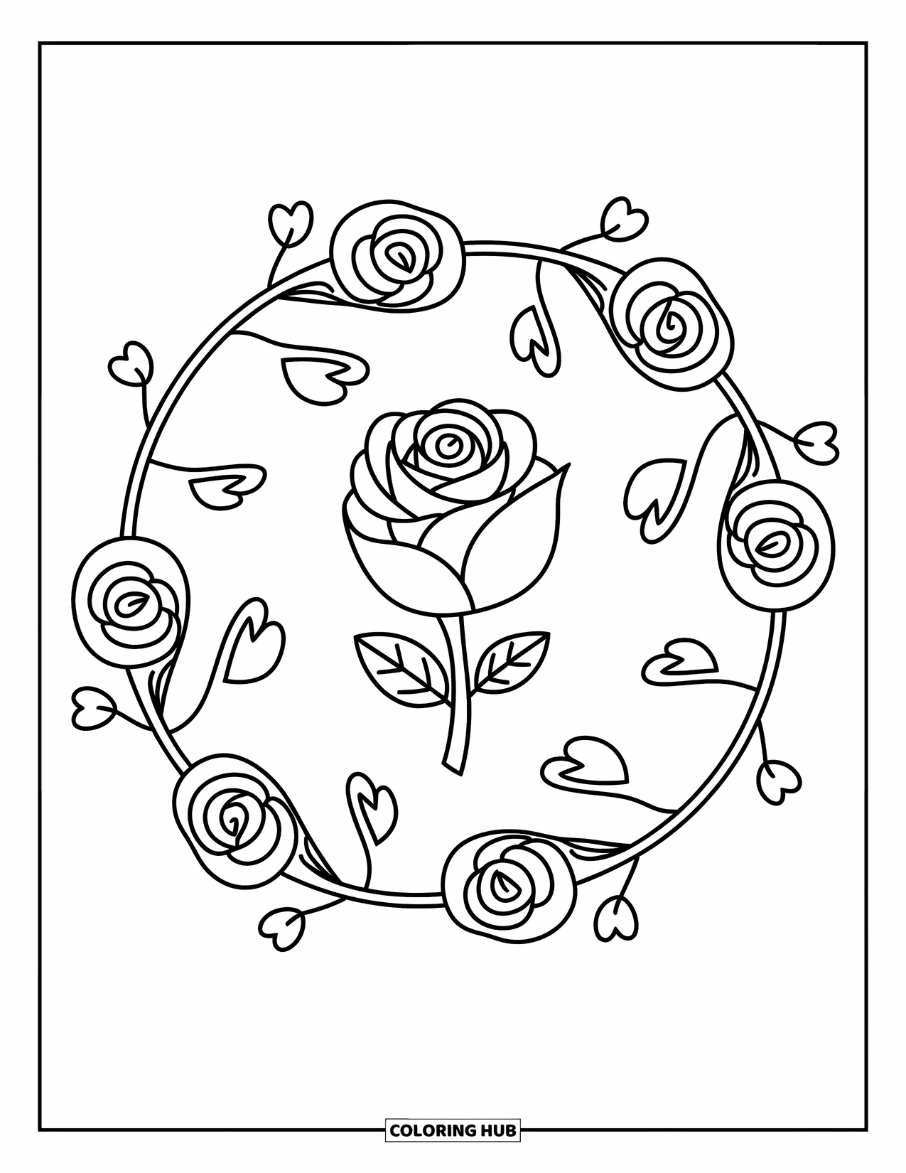 Rose Mandala Coloring Page for Adults: Central rose wrapped in a ribbon with heart leaves and tiny roses