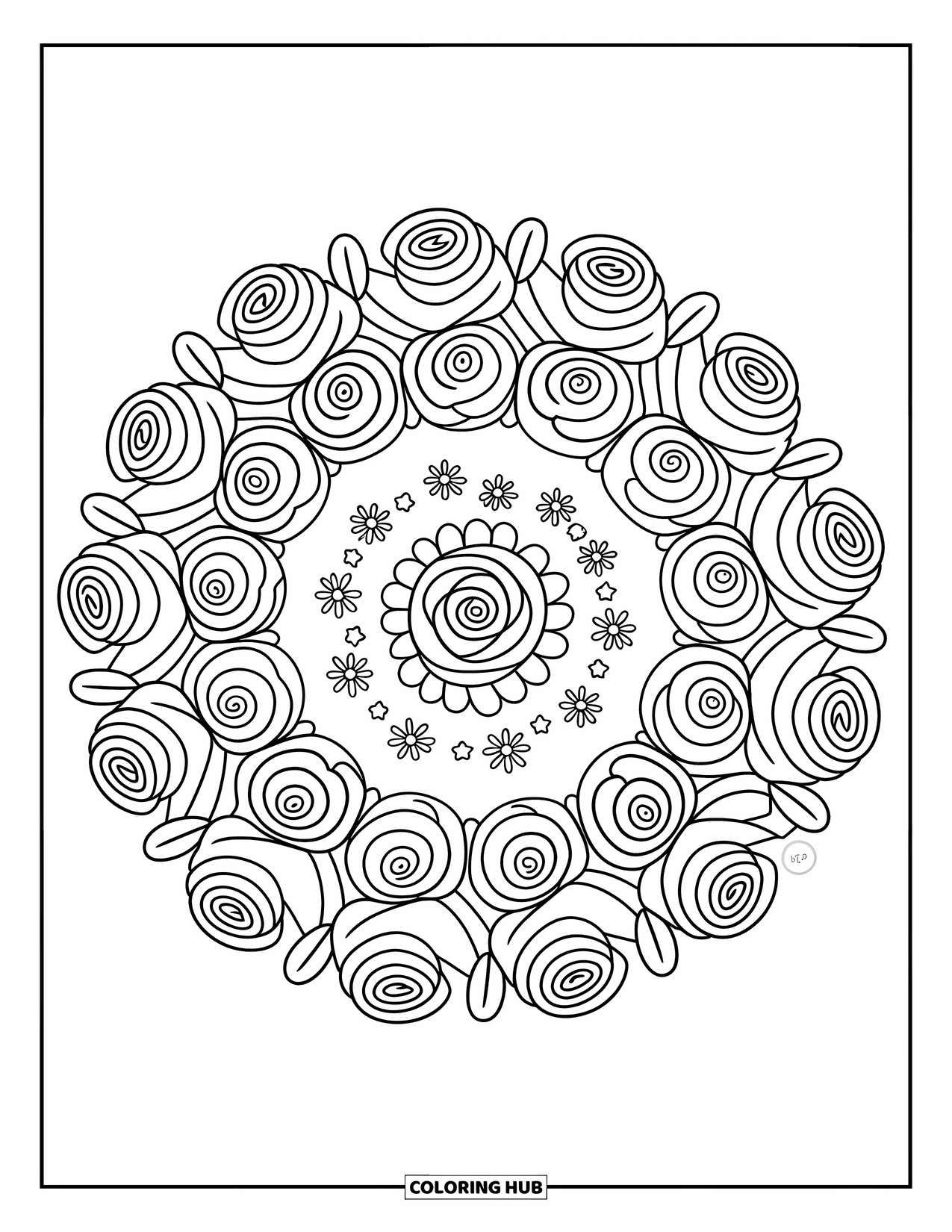 Rose Mandala Coloring Page for Adults: Circular rose mandala filled with roses, stars, and mini floral doodles