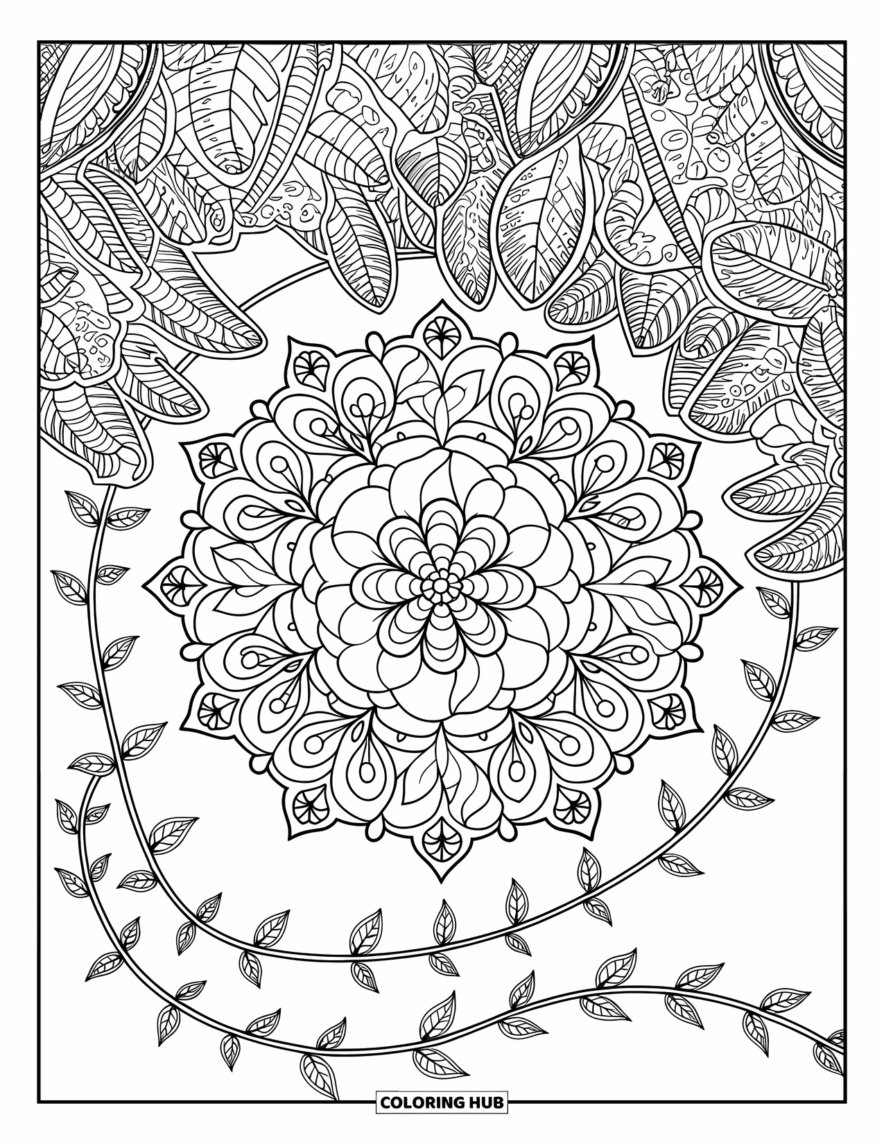 Rose Mandala Coloring Page for Adults: Circular rose mandala wrapped in vines and leafy lace details