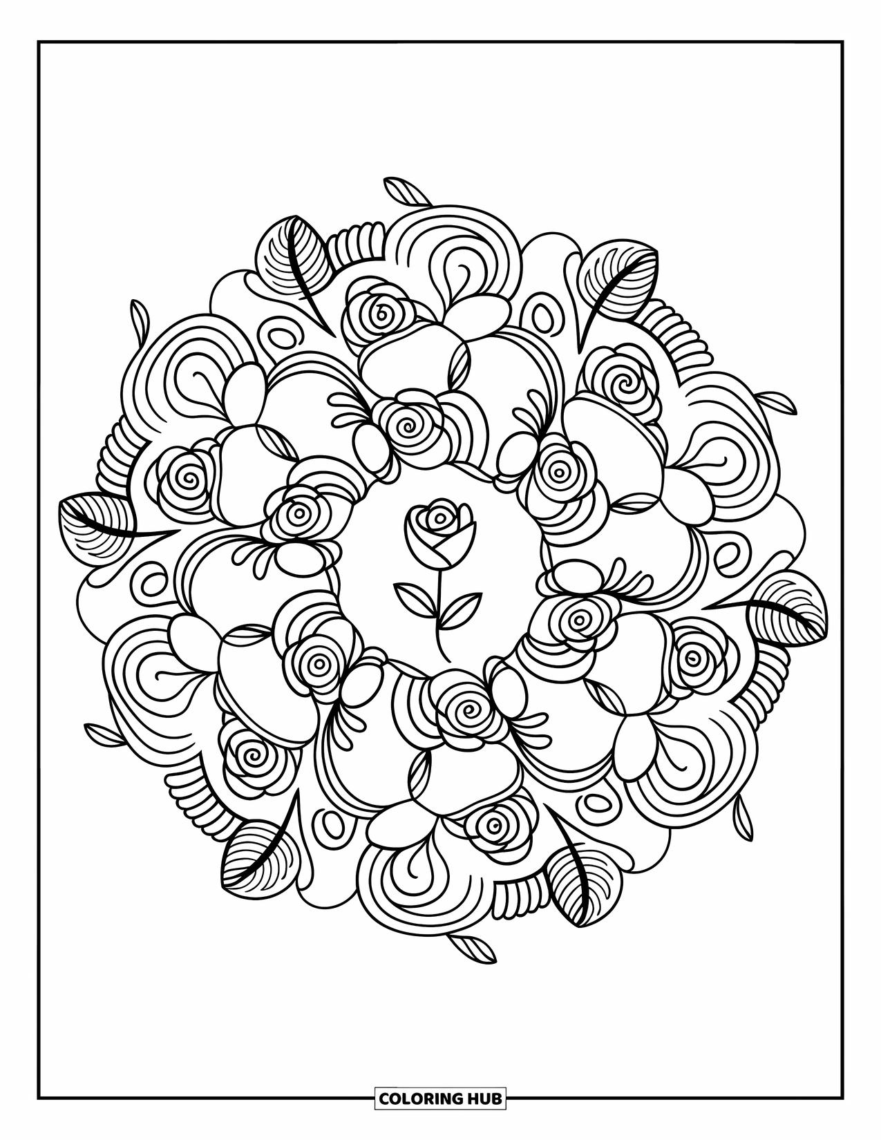 Rose Mandala Coloring Page for Adults: Delicate rose mandala with rounded leaves, roses, and curly flourishes